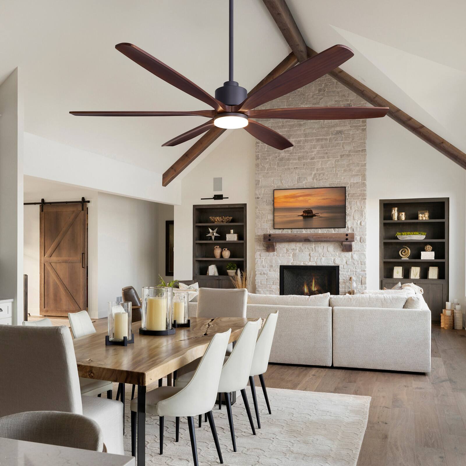 Alt View 1. Siljoy - 72 inch Black and Walnut Modern Ceiling Fan Curved Solid Wood Blades LED Light Remote for Great Room Living Room Foyer - BROWN.