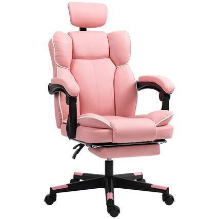 Front. Homcom - Executive Office Chair, Overstuffed PU Leather Reclining Computer Chair with Foot Rest, Headrest - Pink.