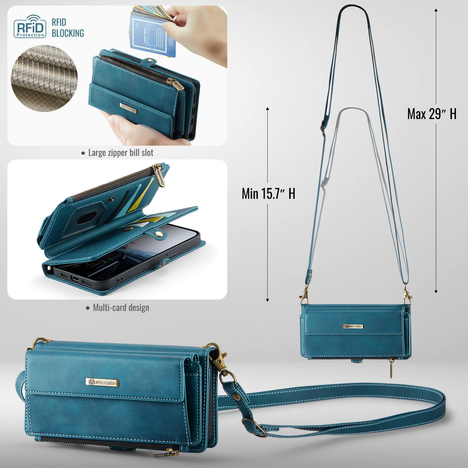 RFID Protection BLOCKING

- Large zipper bill slot
- Multi-card design

Max 29" H
Min 15.7" H