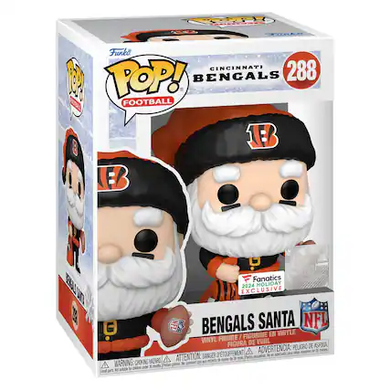 The text on the image is:
"10 hake Le | 1 Funko CINCINNATI 288 M POP! BENGALS OTAL FOOTBALL I EB E NFL Fanatics OE 2024 CLUSIVE HOLIDAY SUN 10 BENGALS SANTA NFL G EN VINYLE FIGURE / FIGURINE VINYL DE VINIL FIGURA PELIGRO DE ASFIXIA D'TOUFFEMENT. A ADVERTENCIA: para mios menores de 36 neses DANGER pequeias - adecudo HAZARD A ATTENTION: - entants de moins de 36 not Partes A WARNING: CHOKING Petfers pieces. De convient [ children under 6 mornths Vot subabie A Small parts. Not suitable for children under 36 months. Small parts. Not suitable for children under 36 months. Small parts. Not suitable for children under 36 months."
Corrected and grouped text:
"10 hake Le | 1 Funko CINCINNATI 288 M POP! BENGALS FOOTBALL I EB E NFL Fanatics 2024 EXCLUSIVE HOLIDAY SUN 10 BENGALS SANTA NFL G EN VINYLE FIGURE / FIGURINE VINYL DE VINIL FIGURA PELIGRO DE ASFIXIA / D'ÉTOUFFEMENT. ADVERTENCIA: para menores de 36 meses. DANGER: petites pièces. ATTENTION: - enfants de moins de 36 mois. WARNING: CHOKING HAZARD - small parts. Not suitable for children under 36 months."