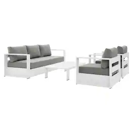 Modway - Tahoe 4-Piece Outdoor Patio Set - Powder-Coated Aluminum, Cushioned Sofa, 2 Armchairs, Coffee Table - White Gray