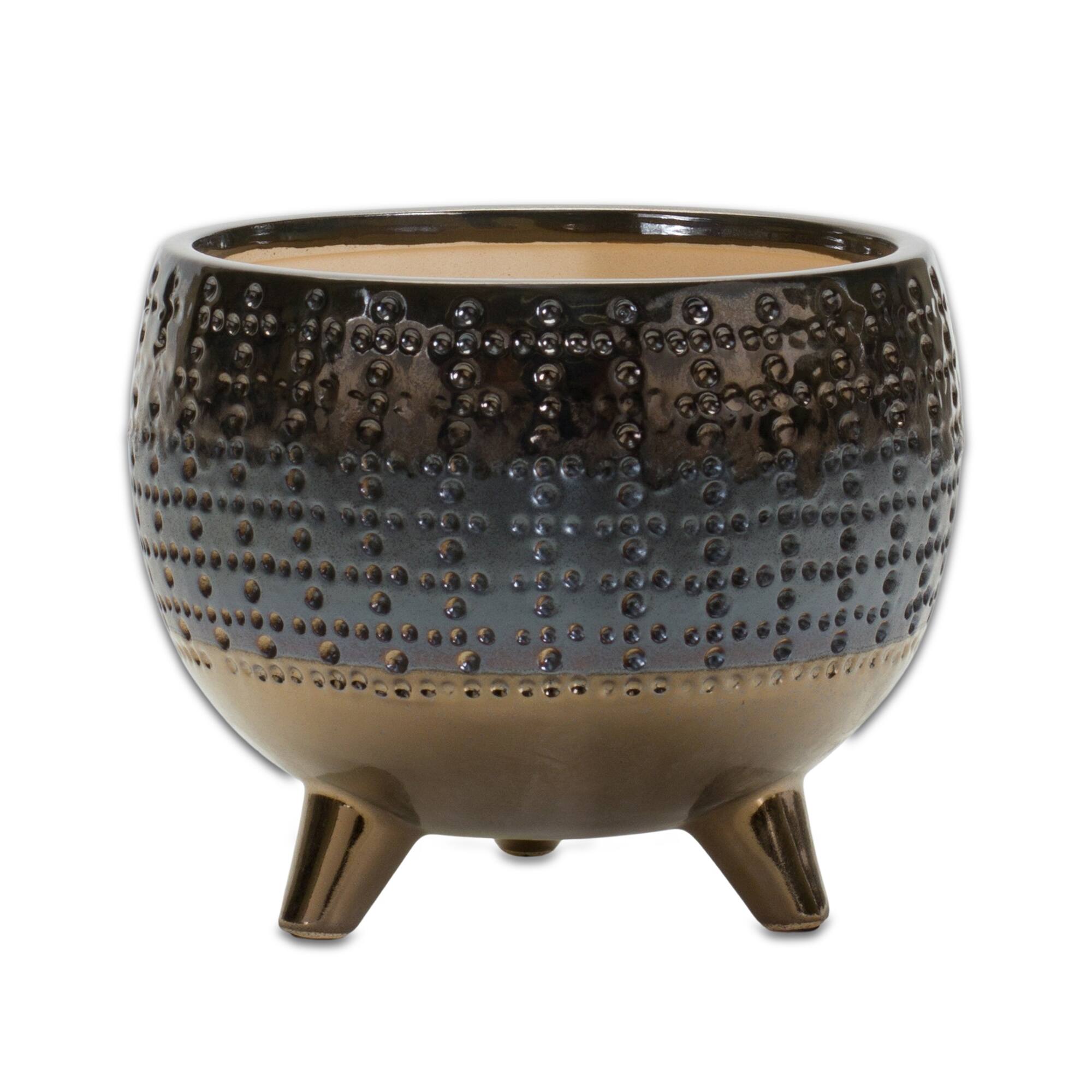 BreeBe - Dotted Ceramic Planter with Pewter Accent 6"H - Silver, Grey