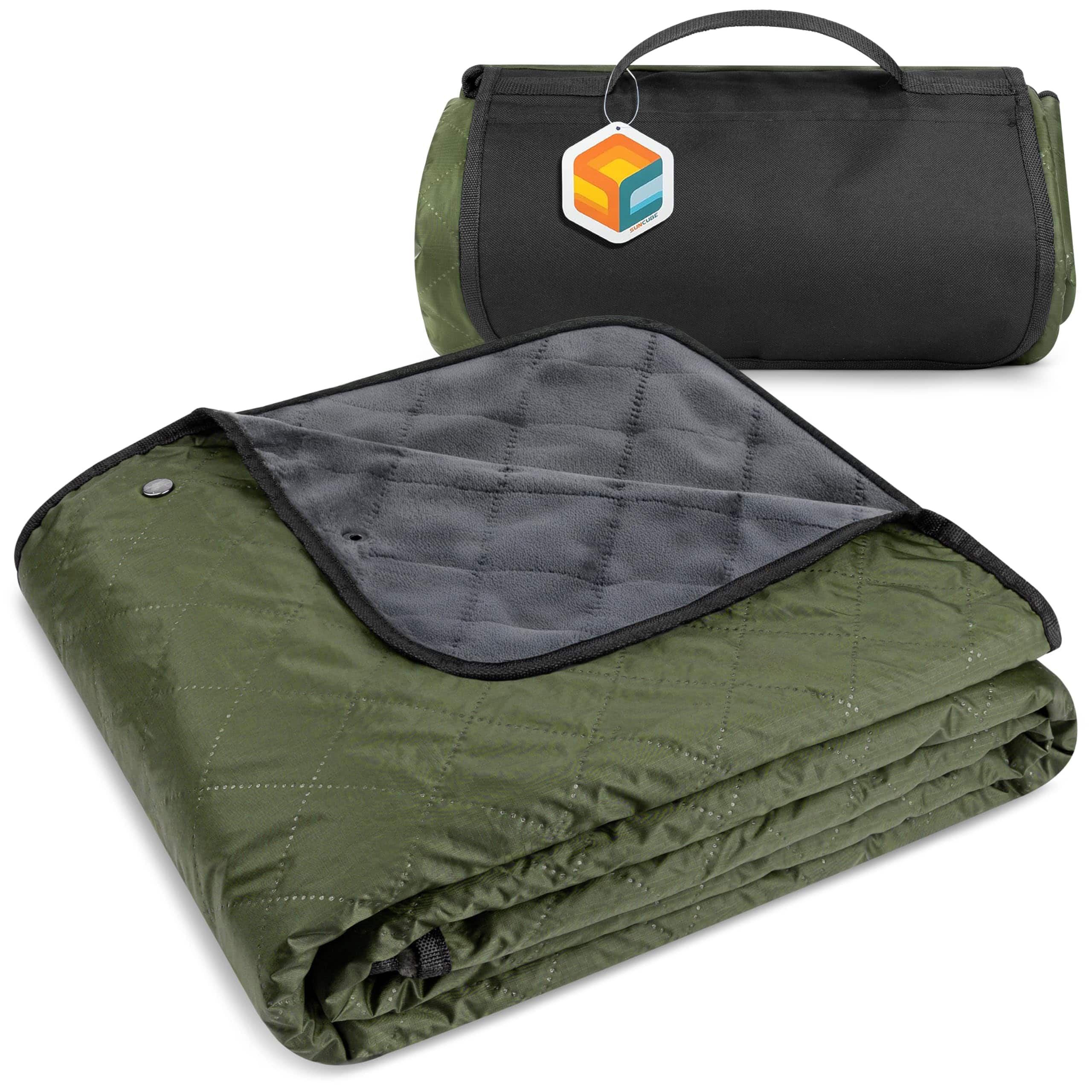 Cedar Assembly - Large Waterproof Camping Blanket Fleece Quilted Stadium For Cold Weather Windproof Foldable Outdoor Mat Pic - Olive Green/Grey Fleece-60 x 80 Inches