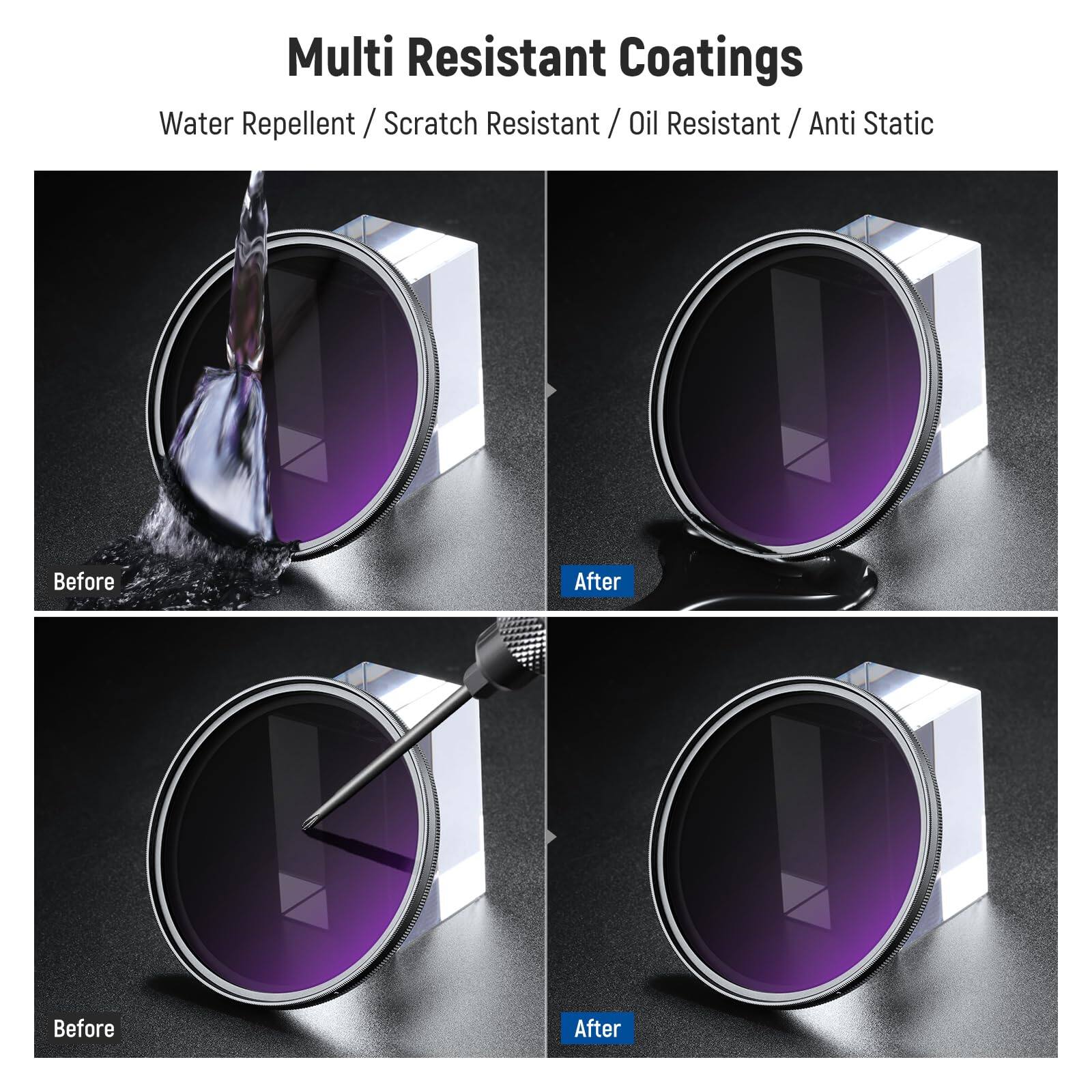 Multi Resistant Coatings  
Water Repellent / Scratch Resistant / Oil Resistant / Anti Static  

Before After  
Before After