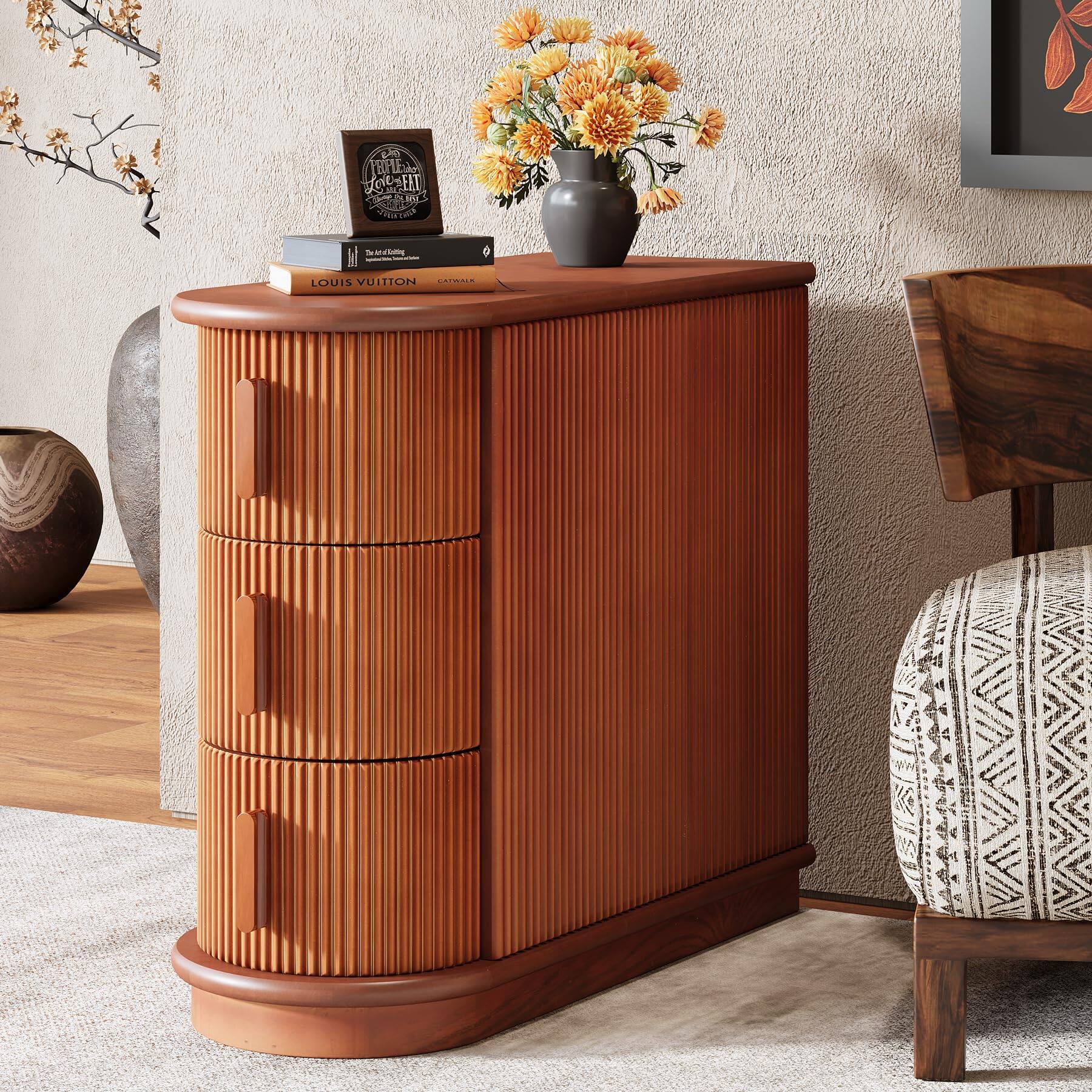 PO3TICJUNKI3 - 3-drawer Wooden End Table Modern Sofa Side Narrow Chair Slim Nightstand For Living Room Bedroom Finished No - Walnut