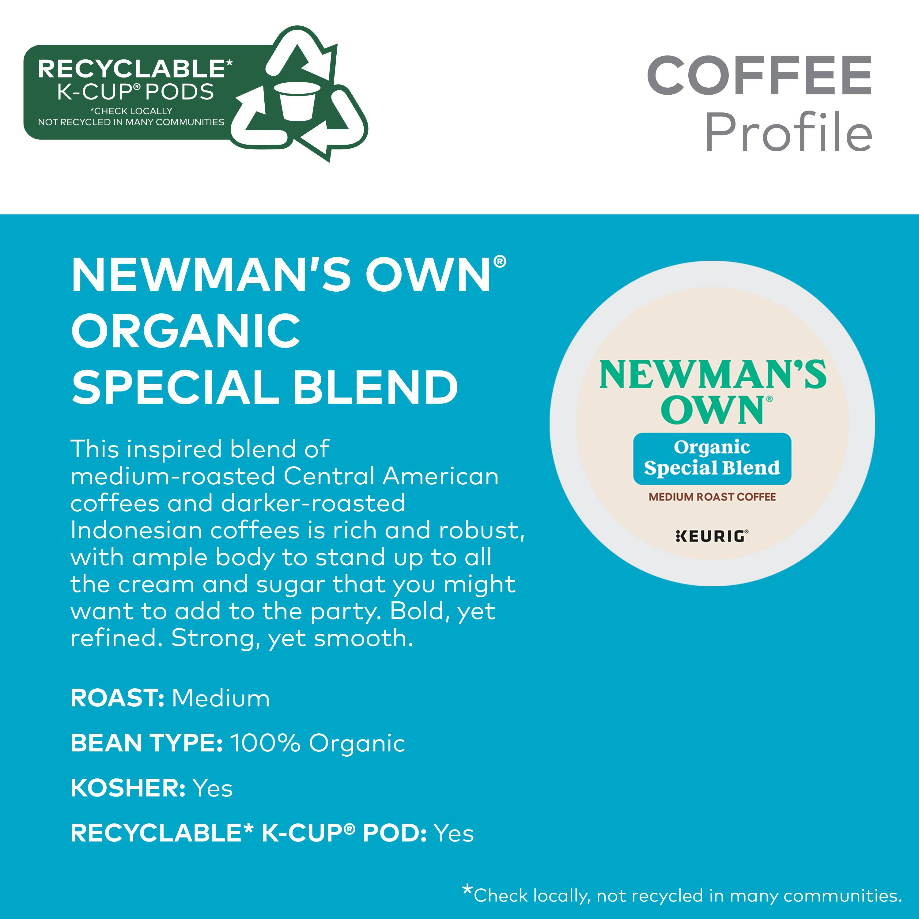 RECYCLABLE* K-CUP PODS CHECK LOCALLY NOT RECYCLED IN MANY COMMUNITIES COFFEE Profile NEWMAN'S OWN ORGANIC SPECIAL BLEND NEWMAN'S OWN This inspired blend of Organic Central American Special Blend medium-roasted American and darker-roasted Indonesian coffees is rich and robust, with ample body to stand up to all the cream and sugar that you might want to add to the party. Bold, yet refined. Strong, yet smooth. ROAST: Medium BEAN TYPE: 100% Organic KOSHER: Yes RECYCLABLE* K-CUP POD: Yes *Check locally, not recycled in many communities.