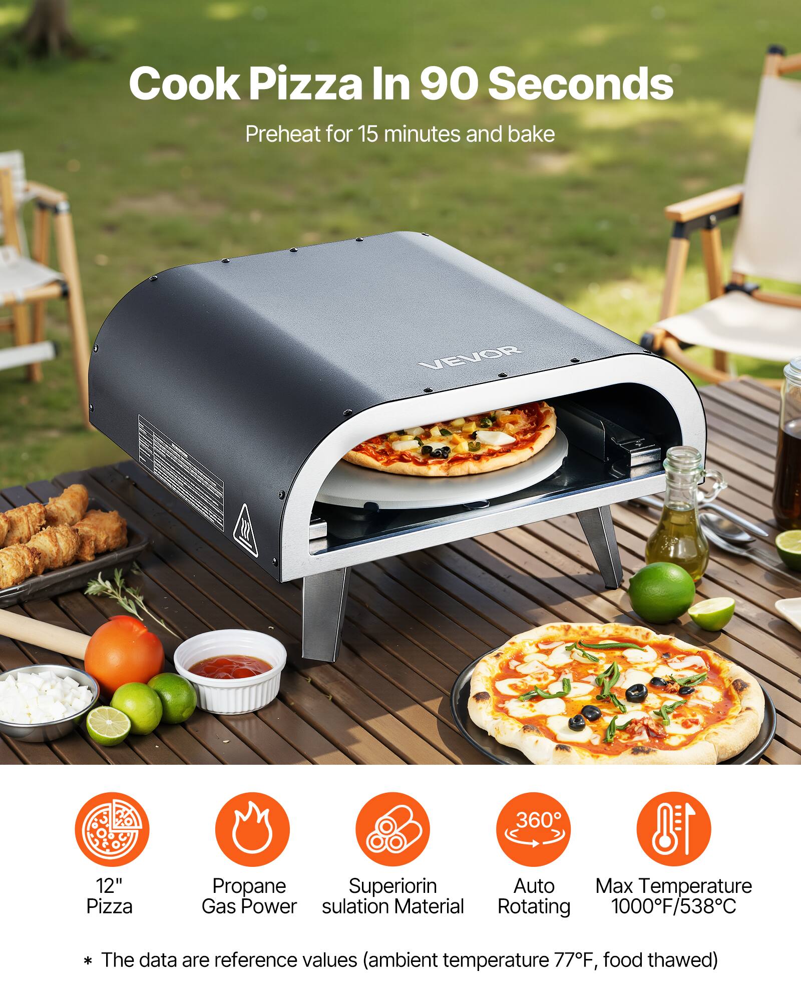 Cook Pizza In 90 Seconds  
Preheat for 15 minutes and bake  

VEVOR 12" Pizza  
360° Propane Gas Power  
Superior Insulation Material  
Auto Rotating  
Max Temperature 1000°F/538°C  

* The data are reference values (ambient temperature 77°F, food thawed)
