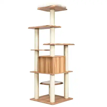 Front. Kadyn - Cat Tower, Cat Tree for Indoor Cats, 7-Layer Wooden Cat Tree Tall Cat Tower with Sisal Posts and Condo-Natural - Yellow.