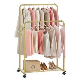 Songmics Home - Double Rods Clothes Rack with Wheels, Clothing Rack for Hanging Clothes, Heavy Duty Garment Rack with Mesh Storage Shelf - Gold