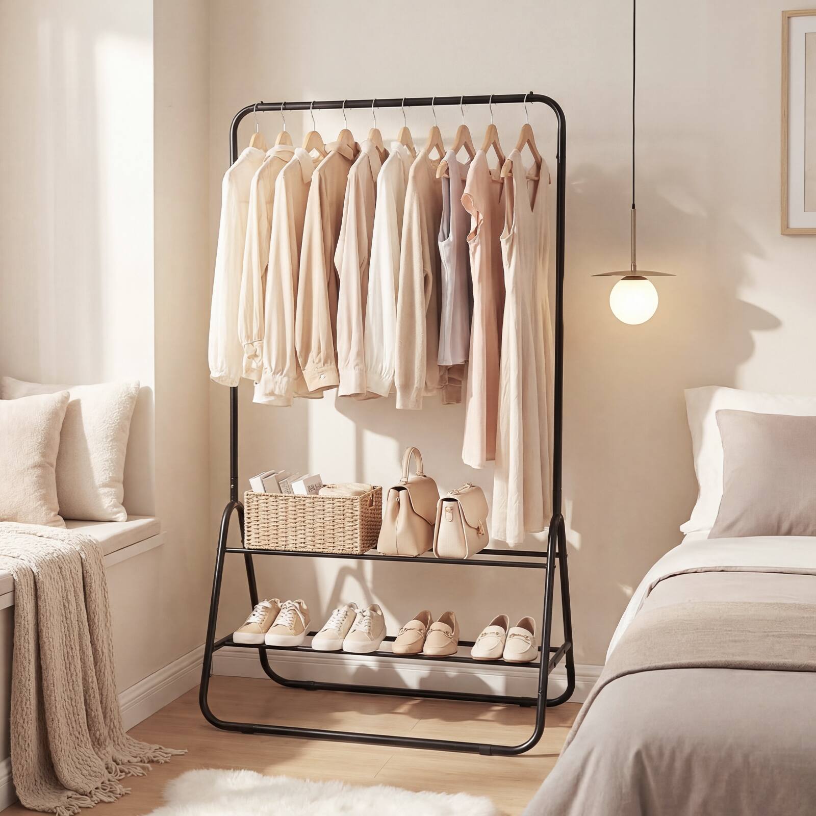 Alt View 4. Costway - Costway Heavy Duty Clothes Rack Metal Garment Rack with Hanging Rod and Storage Shelves - Black.
