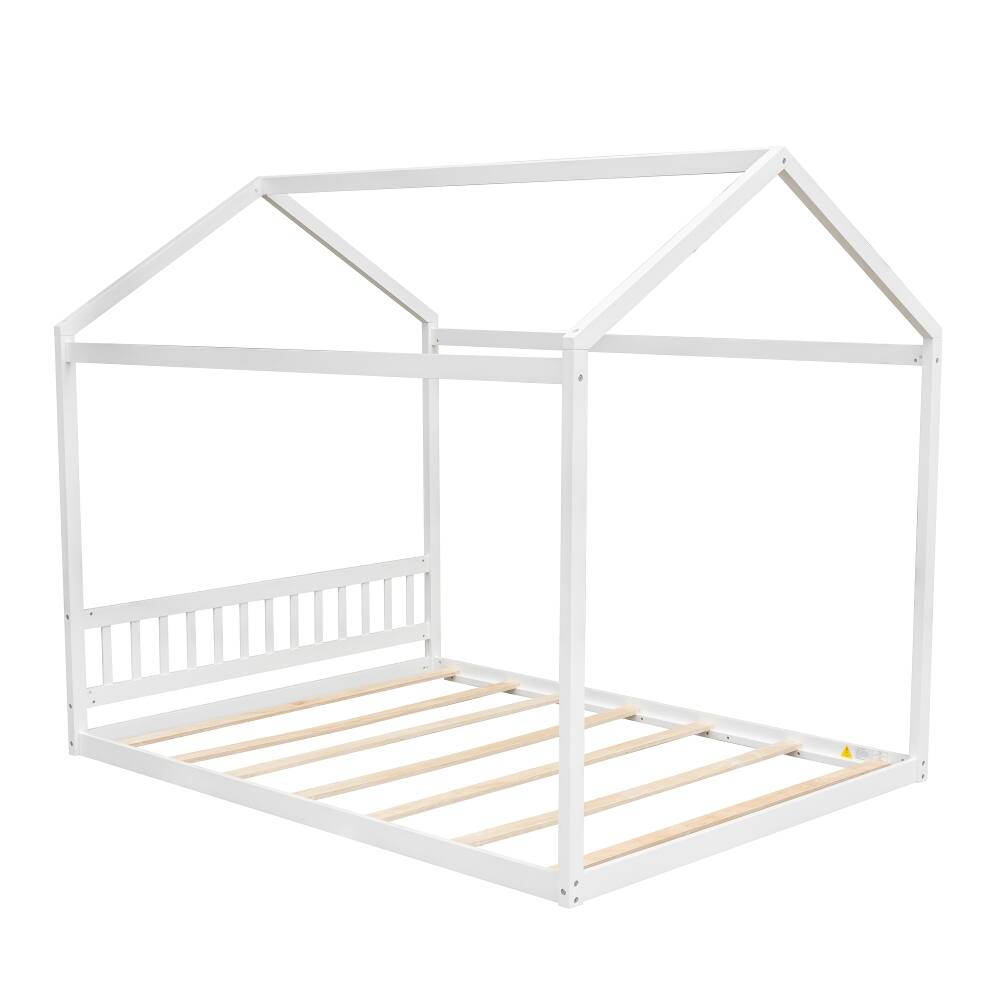 Alt View 5. Loheer - Loheer Queen House Bed White Floor Bed Kids Wooden Bed Frame - White.