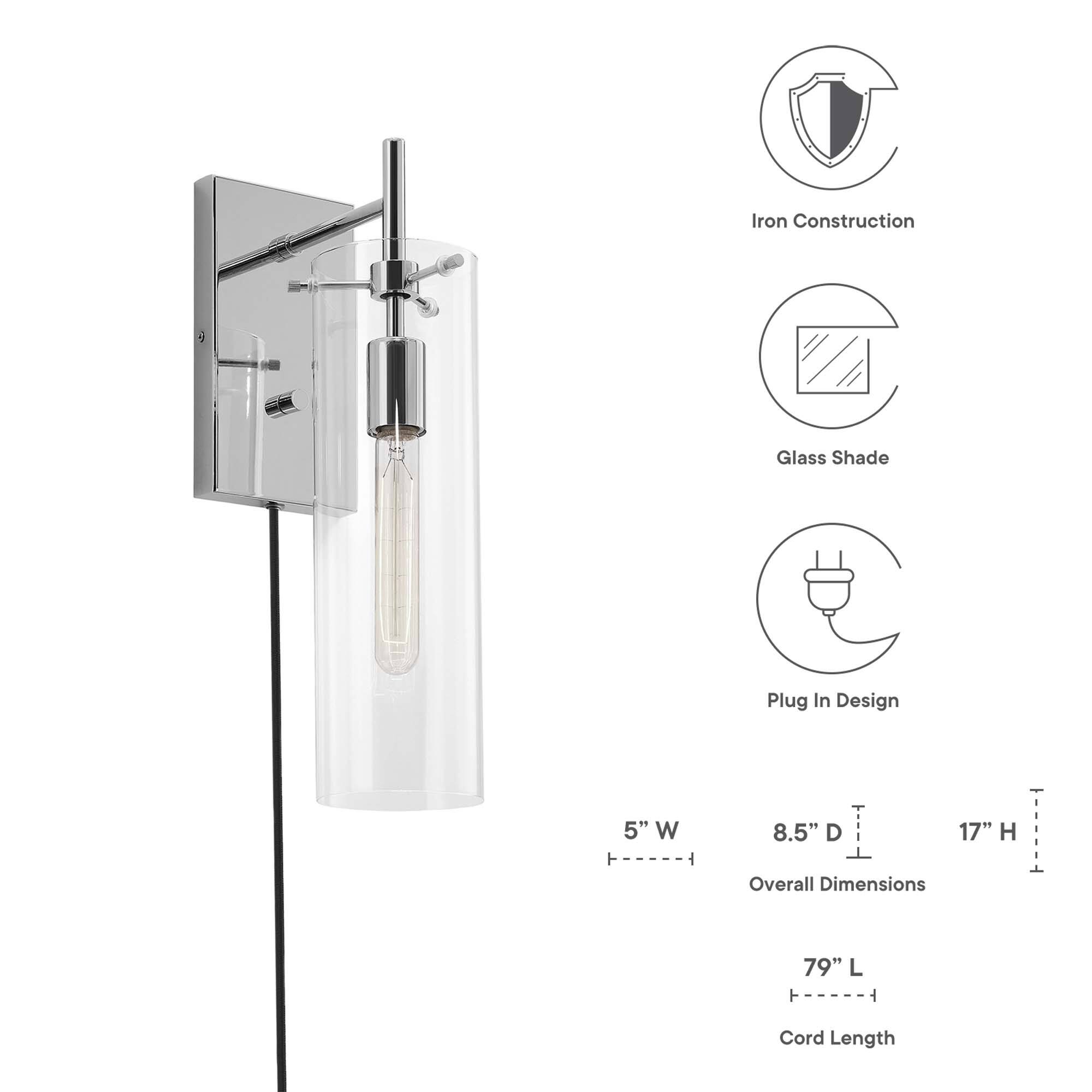 Iron Construction  
Glass Shade  
Plug In Design  

Overall Dimensions:  
5" W  
8.5" D  
17" H  

Cord Length: 79" L