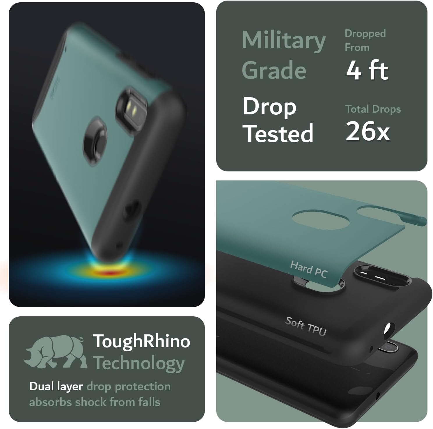 Dropped Military Grade 4 ft Drop Total Drops Tested 26x

Hard PC ToughRhino Technology Dual layer drop protection absorbs shock from falls Soft TPU