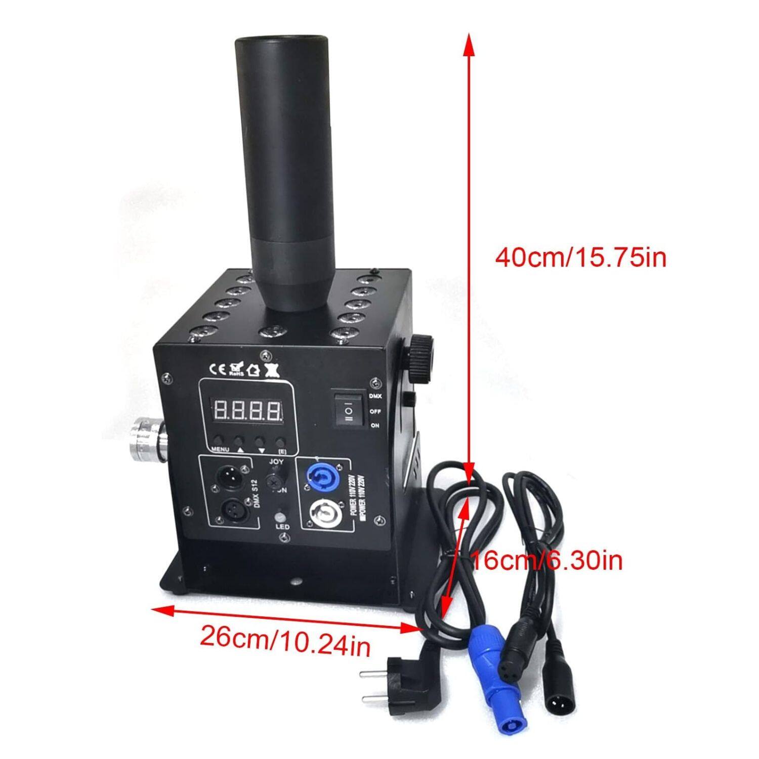 40cm/15.75in  
26cm/10.24in  
16cm/6.30in  

CE  
8.8.8.8.  
DMX  
JOY  
POWER  
LED  
DMX  
OFF  
ON  
MENU  
JOY  
DMX  
POWER  
LED