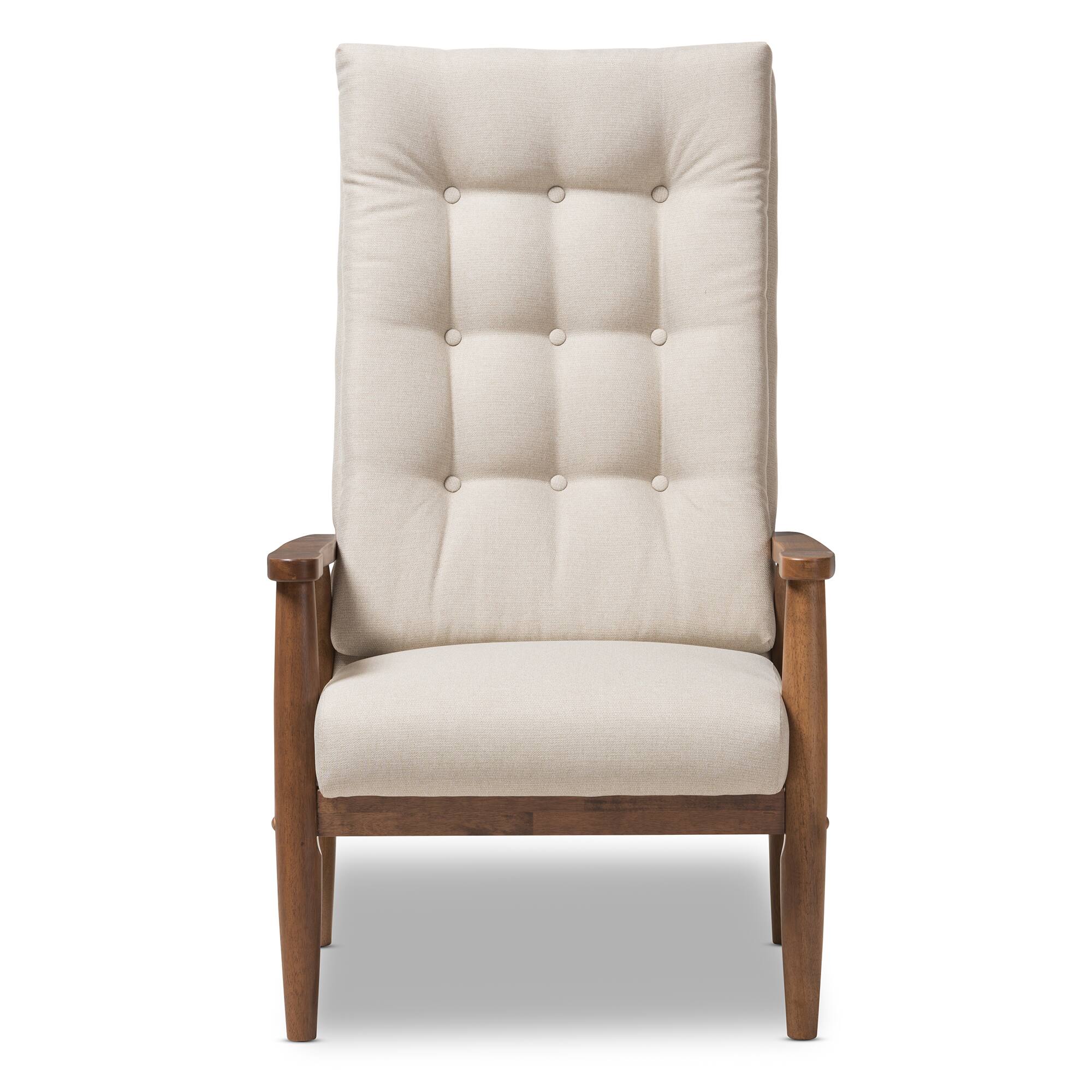 Angle. Baxton Studio - Roxy Mid-Century Modern Walnut Finish Wood and Fabric Upholstered Button-Tufted High-Back Chair - Light Beige/"Walnut" Brown.