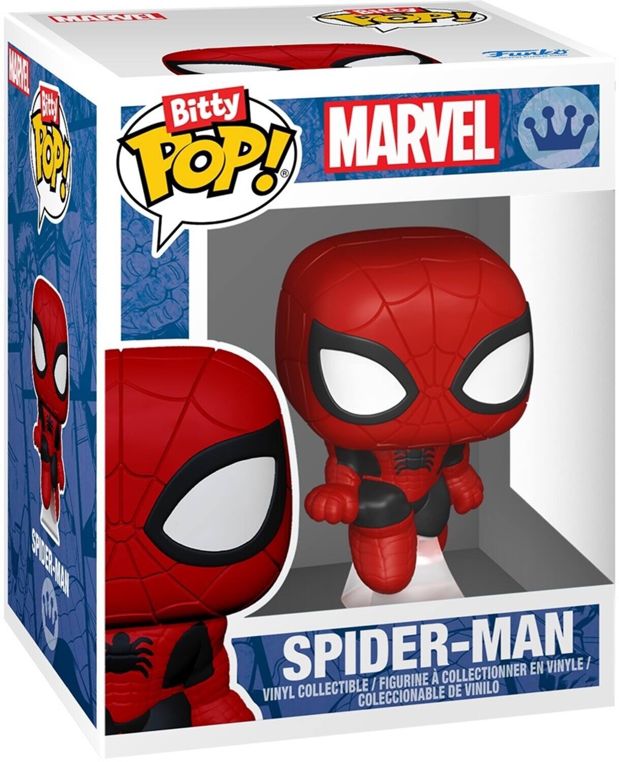 The text on the image is: "Bitty Pop! Marvel Spider-Man Figurine à collectionner en vinyle / Collectible / De vinilo Vinyl Coleccionable."