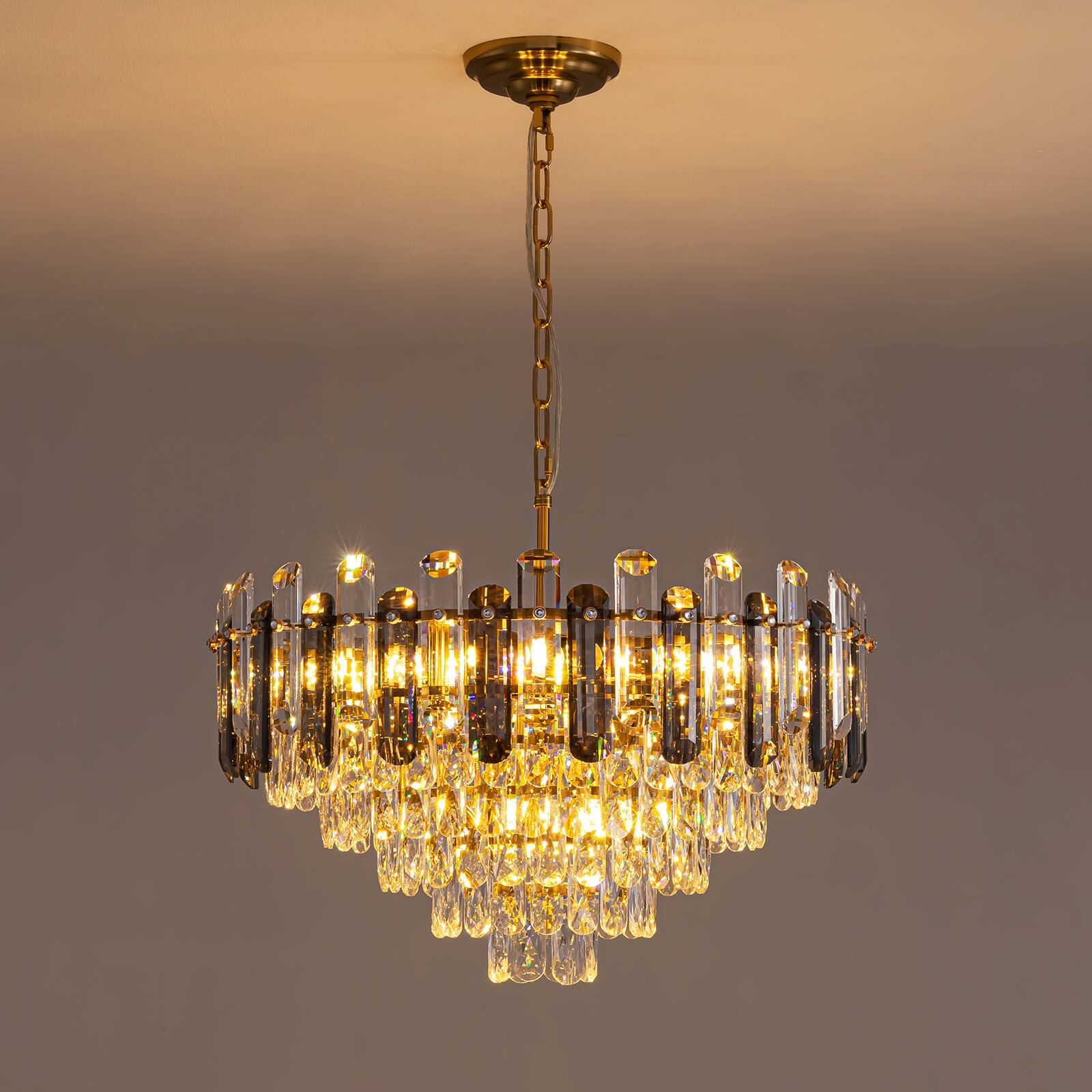 Left. Siljoy - 24-inch Gold K9 Crystal Chandelier Modern Ceiling Light for Living Room Kitchen Island, Dimmable E12 Base - Gold.