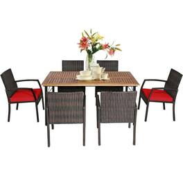 Kadyn - 7Pcs Patio Rattan Cushioned Dining Set with Umbrella HoleRed for Balcany Poolside - Red