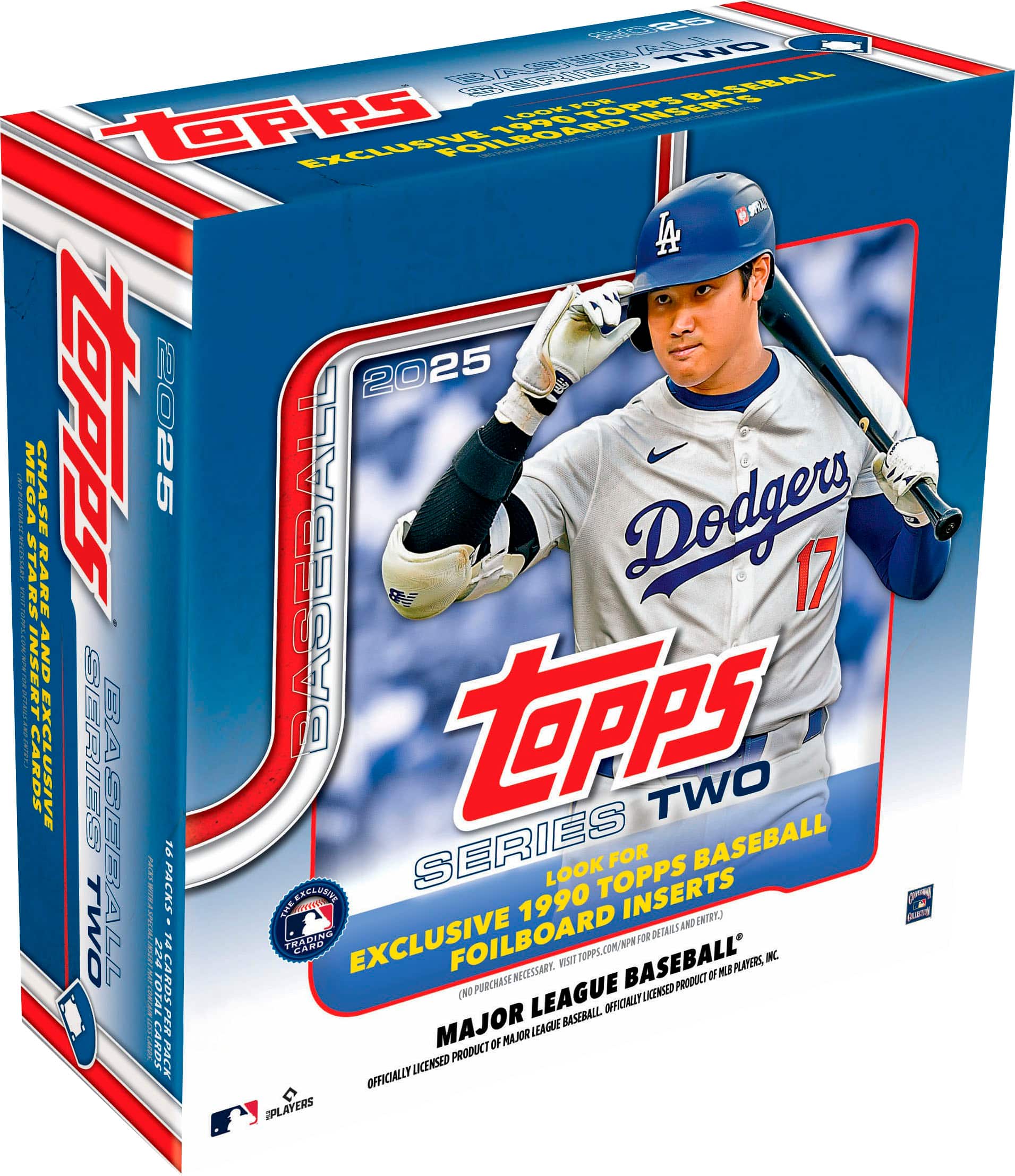 The image features a box of Topps baseball cards, which includes exclusive inserts and a rare baseball card of the Dodgers player number 17. The box contains 25 cards, and it is part of a two-pack set. The packs are available for purchase, and they come with a foilboard. The product is officially licensed by Major League Baseball, and it showcases various Major League Baseball players.