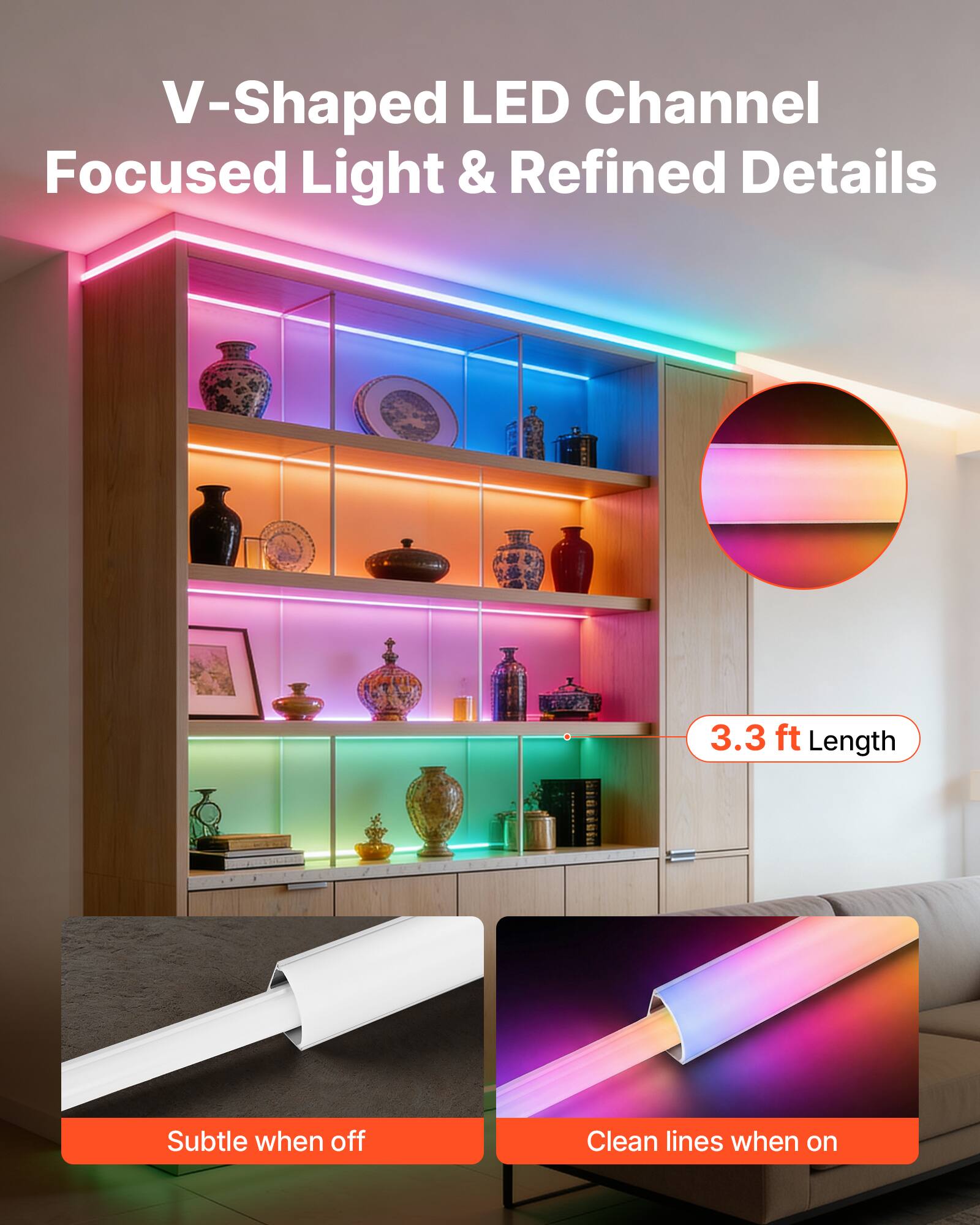 V-Shaped LED Channel  
Focused Light & Refined Details  

3.3 ft Length  

Subtle when off  
Clean lines when on