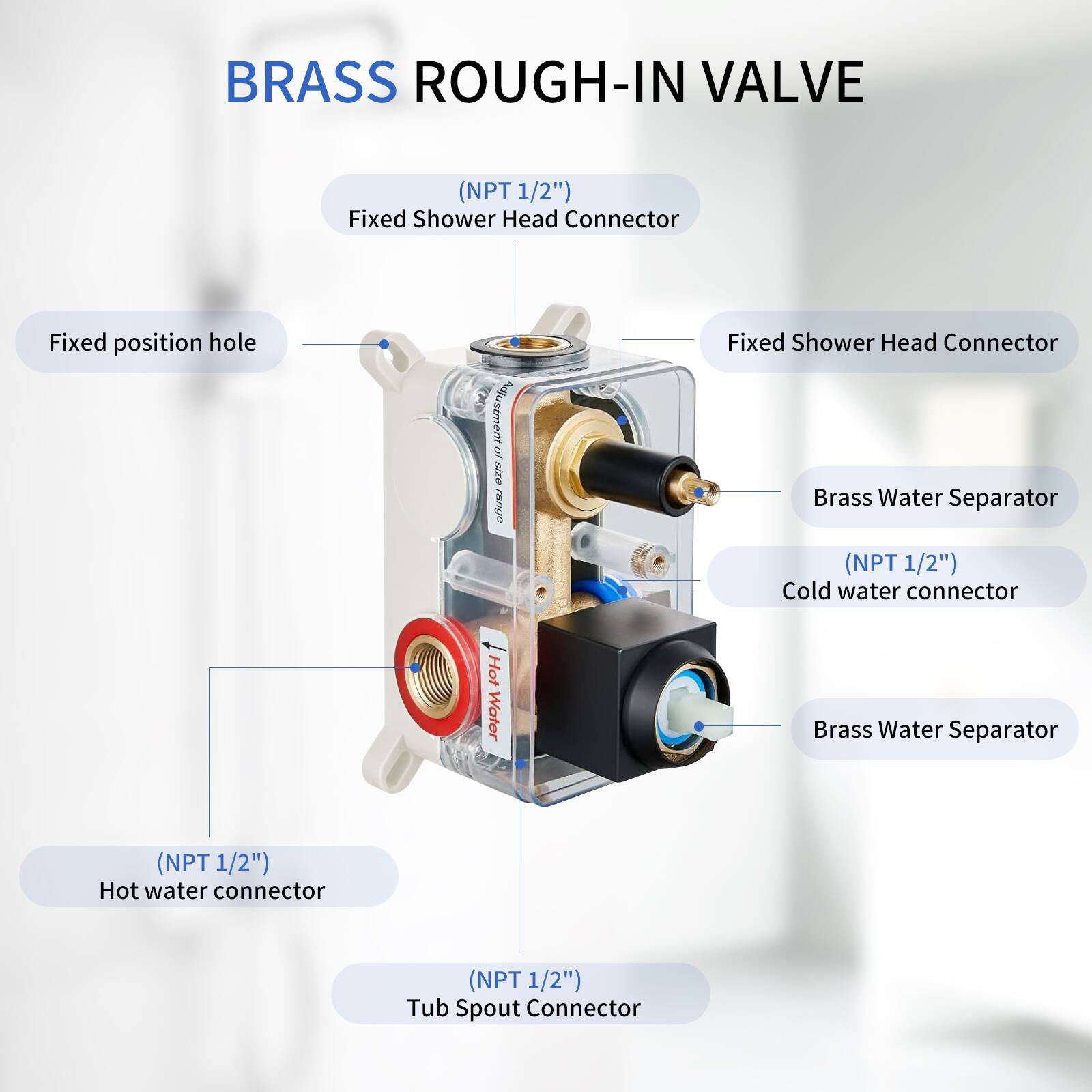 BRASS ROUGH-IN VALVE (NPT 1/2")  
- Fixed Shower Head Connector  
- Fixed position hole  
- Brass Water Separator (NPT 1/2")  
  - Cold water connector  
- Brass Water Separator (NPT 1/2")  
  - Hot water connector (NPT 1/2")  
- Tub Spout Connector