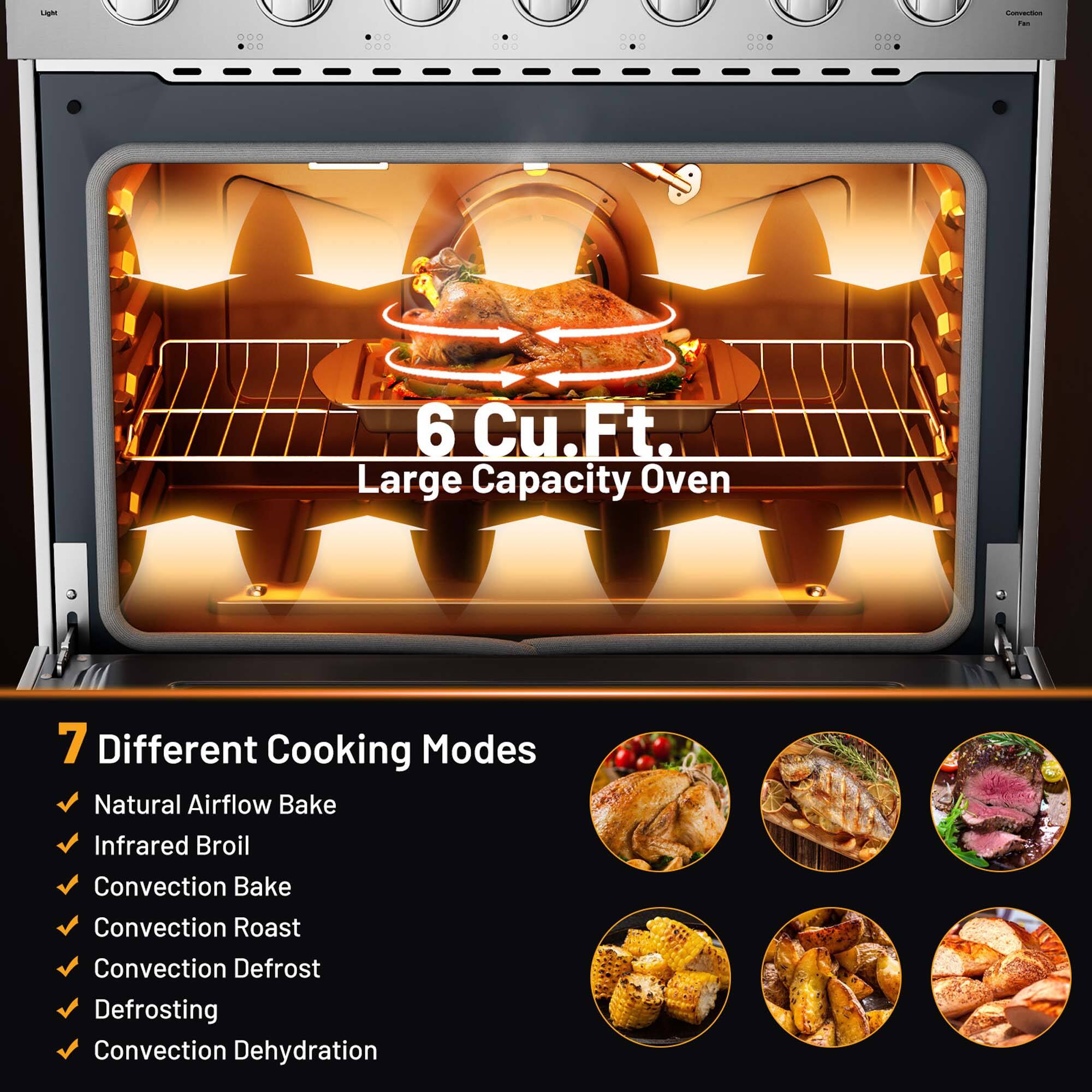 6 Cu.Ft. Large Capacity Oven
7 Different Cooking Modes
- Natural Airflow Bake
- Infrared Broil
- Convection Bake
- Convection Roast
- Convection Defrost
- Defrosting
- Convection Dehydration