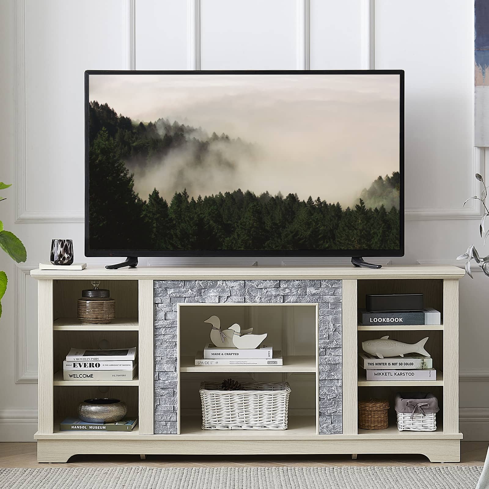 Chateau Abodes - 58" Modern TV Stand Stone Entertainment Console with Open Storage for TV Up to 65" - White