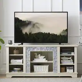 Chateau Abodes - 58" Modern TV Stand Stone Entertainment Console with Open Storage for TV Up to 65" - White