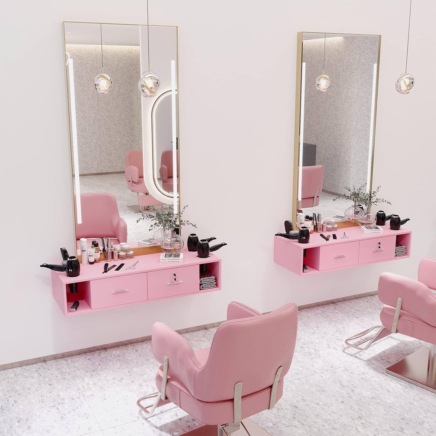 Alt View 4. Winado - Wall Mount Salon Styling Station with 2 Lockable Drawers & 2 Side Open Space & Hair Dryer Holders for Barbershop, Beauty - Pink.