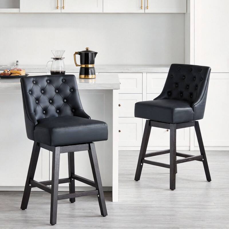 Left. Dyonery - 2 pcs modern style bar stool, 36-inch high bar, retro diamond buckle design, rotatable, solid wood legs, PU，Black - Black.