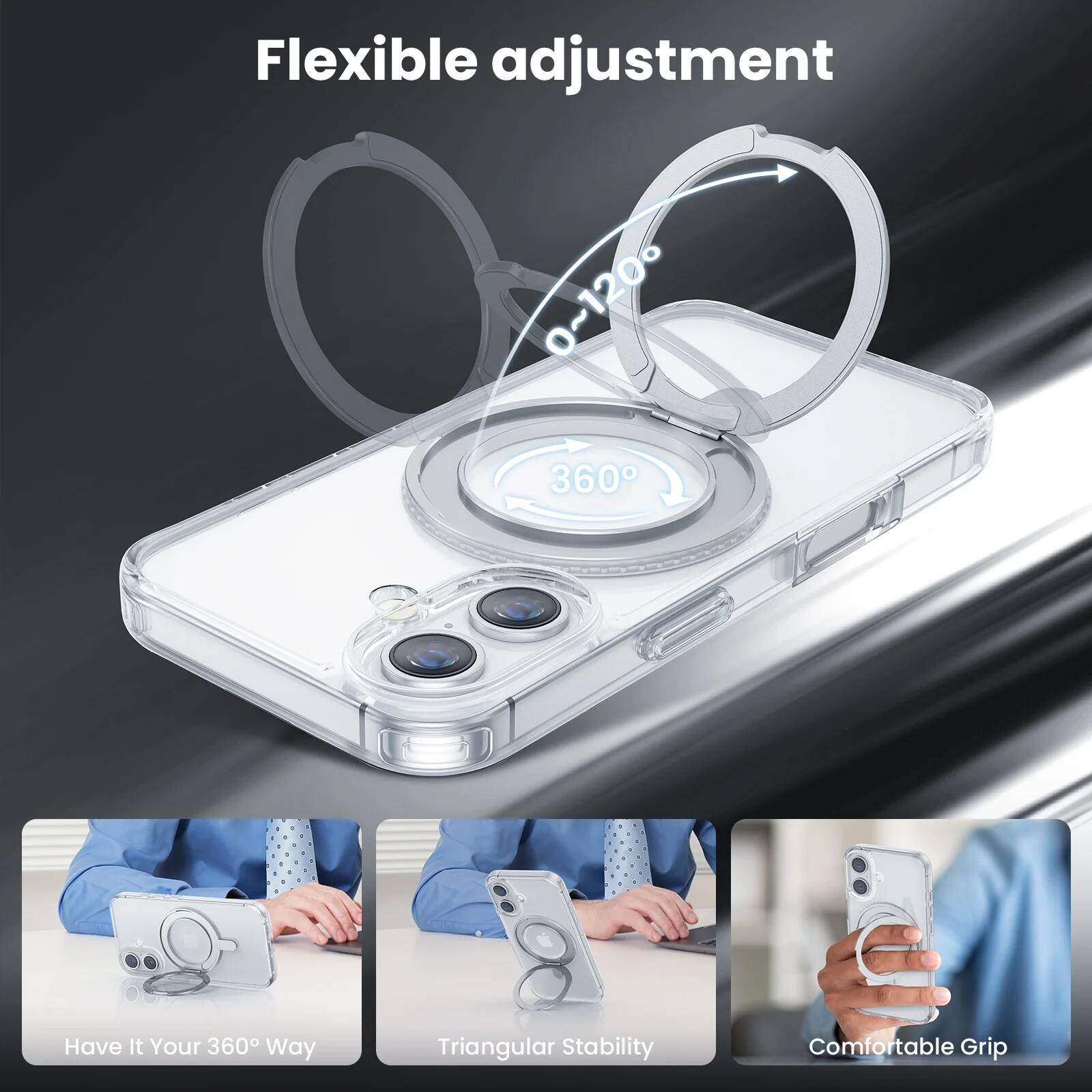 Flexible adjustment  
0°-120°  
360°  

Have It Your 360° Way  
Triangular Stability  
Comfortable Grip