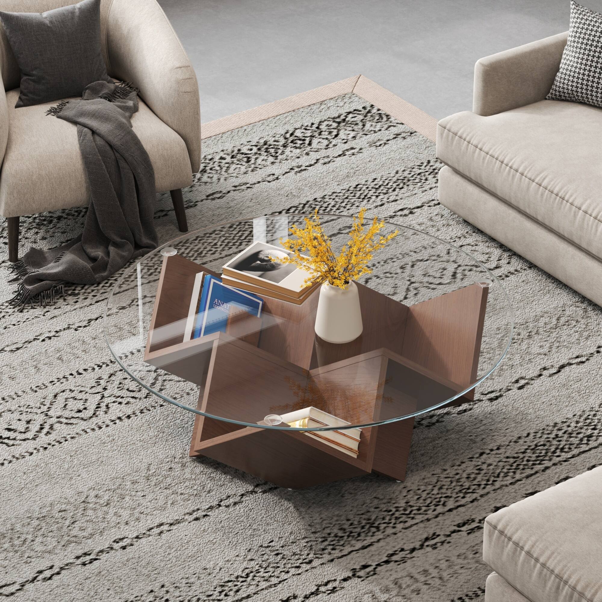 Angle. GOODSILO - Round Coffee Table with Tempered Glass Top and Geometric Art Deco Style Storage Base - Walnut.