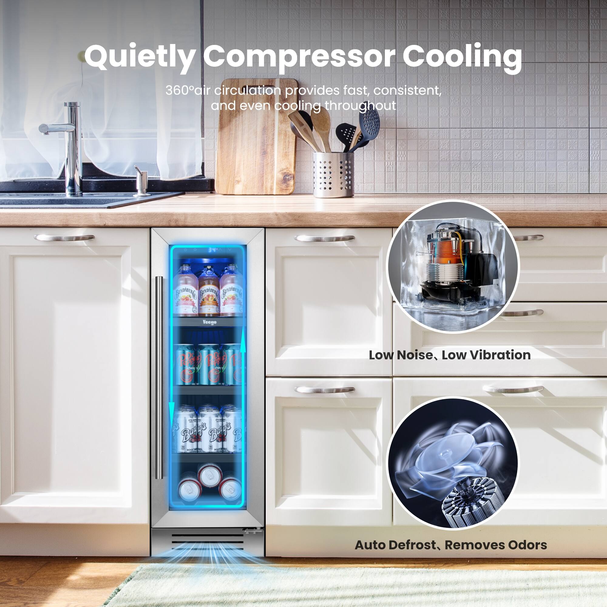 Quietly Compressor Cooling  
360° air circulation provides fast, consistent, and even cooling throughout  

Low Noise, Low Vibration  

Auto Defrost, Removes Odors