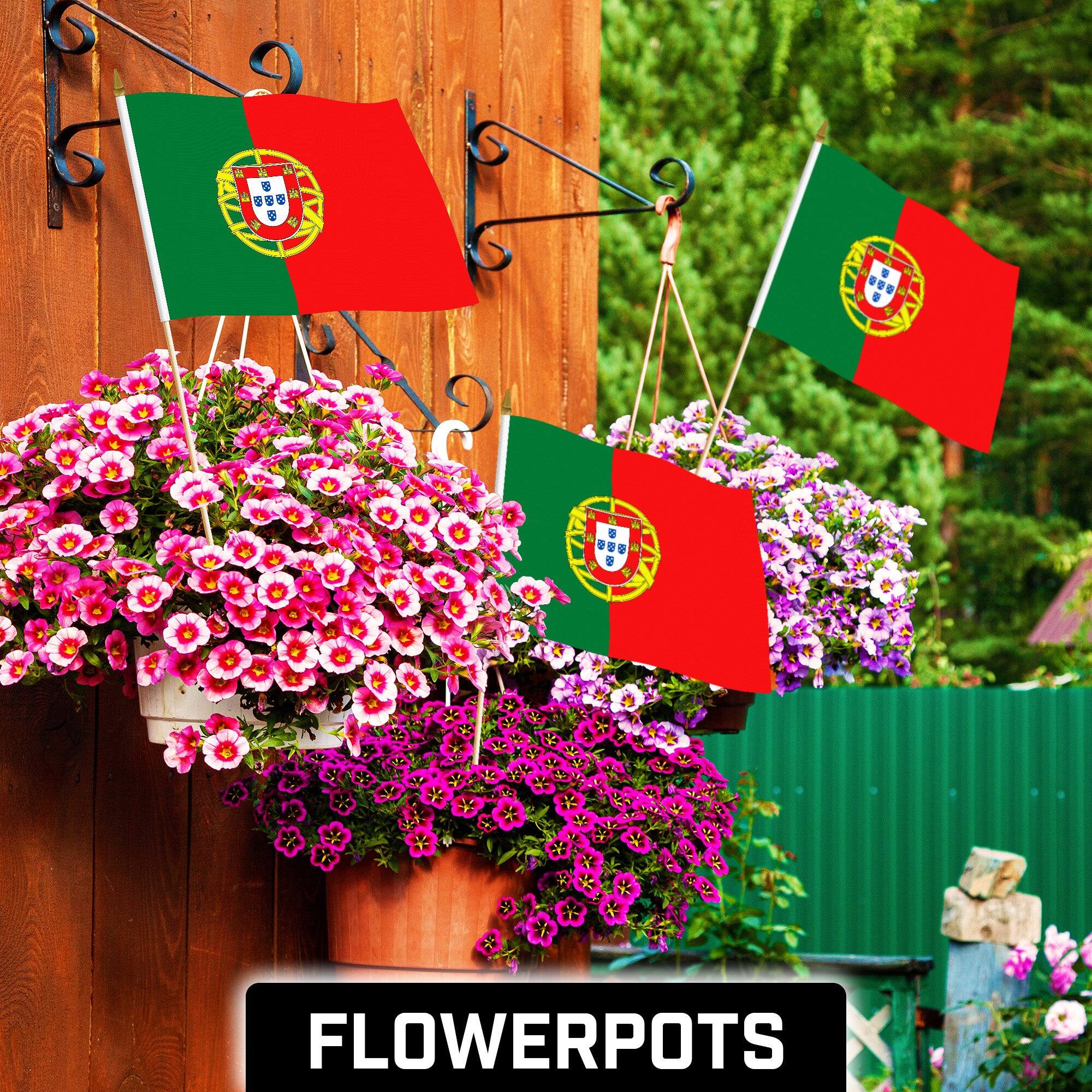 Angle. G128 - 12 Pack Handheld Portugal Stick Flags, 12 x 18 in, 150D Polyester with Wooden Poles and Gold Spear Tips. - Assorted Colors.