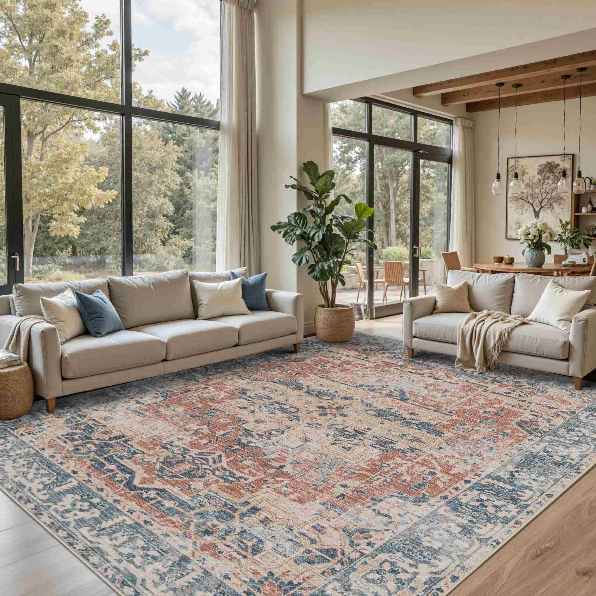 Front. PARKER SLATER - Area Rugs 5x7 Living Room Bedroom Grey Washable Rug Vintage Retro Boho Non Slip Low Pile Faux Thin Carpet Indoor - Coral/Blue.