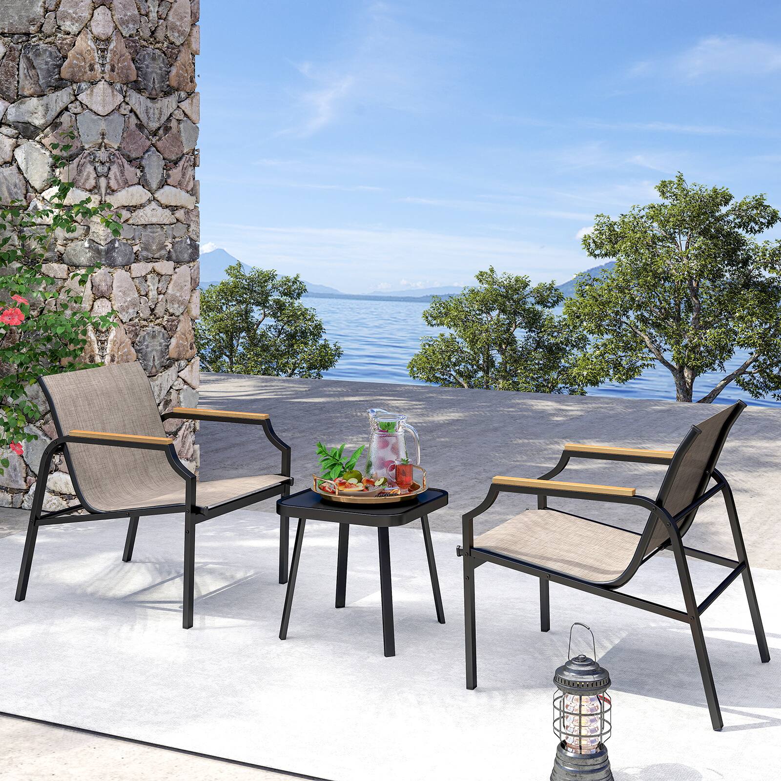 Alt View 4. Gymax - Gymax 3 PCS Outdoor Chair Set Metal Frame Armchair & Table w/ Breathable Fabric Seat - Brown, Black.