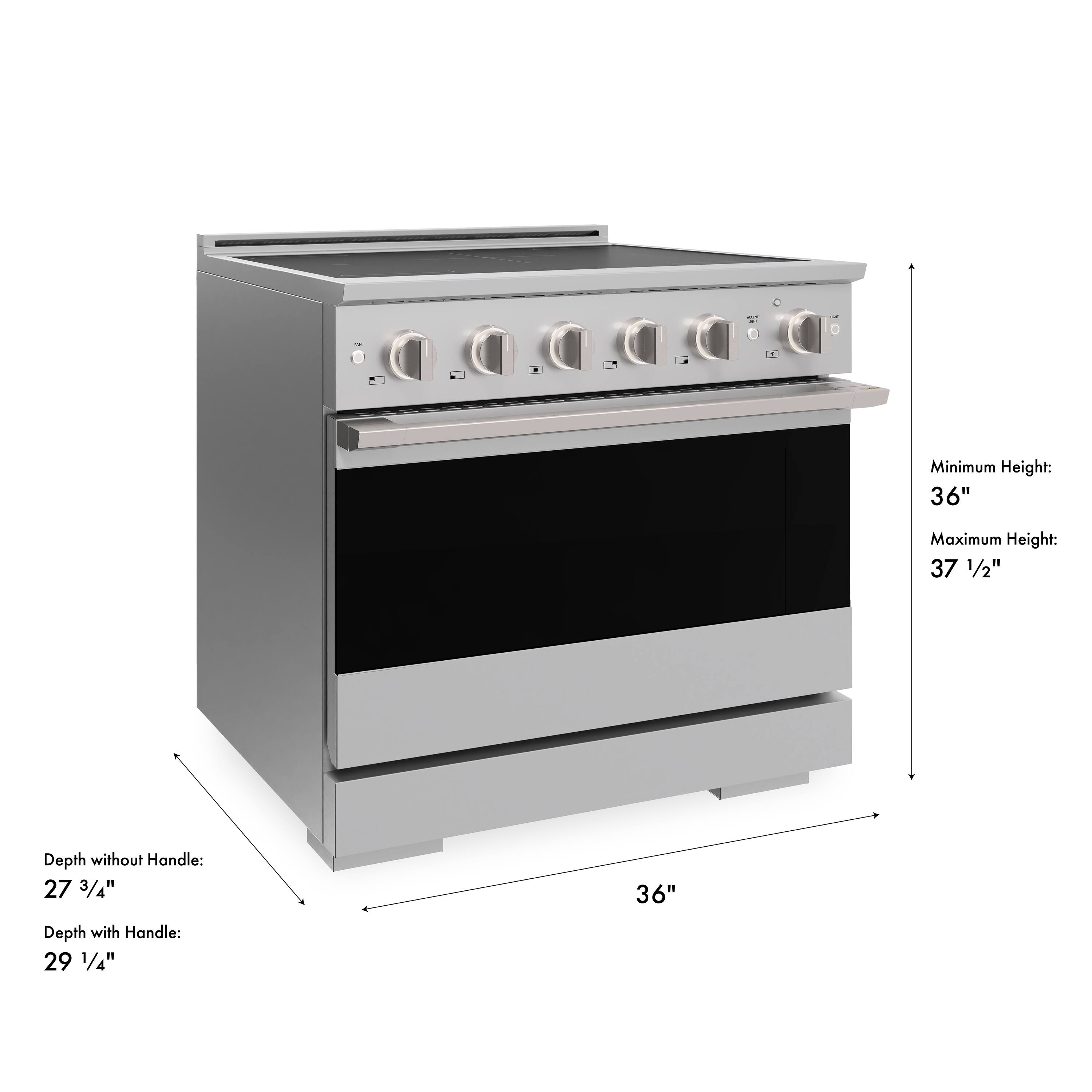 Minimum Height: 36"  
Maximum Height: 37 1/2"  
Depth without Handle: 27 3/4"  
Depth with Handle: 29 1/4"