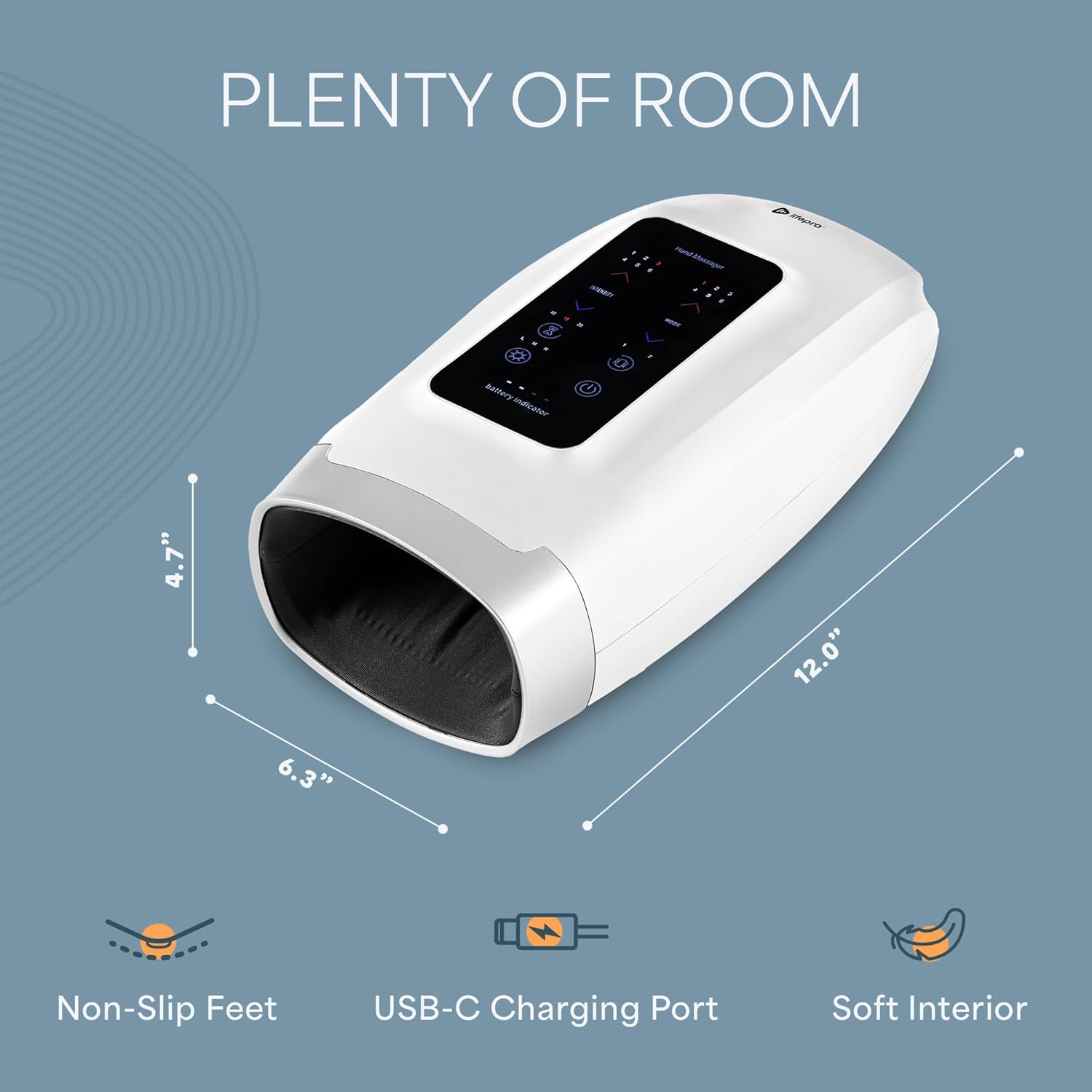 PLAINTY OF ROOM  
M ave B - C battery indicator - 2.0 - 4.7" 12.0" 6.3" Non-Slip Feet USB-C Charging Port Soft Interior