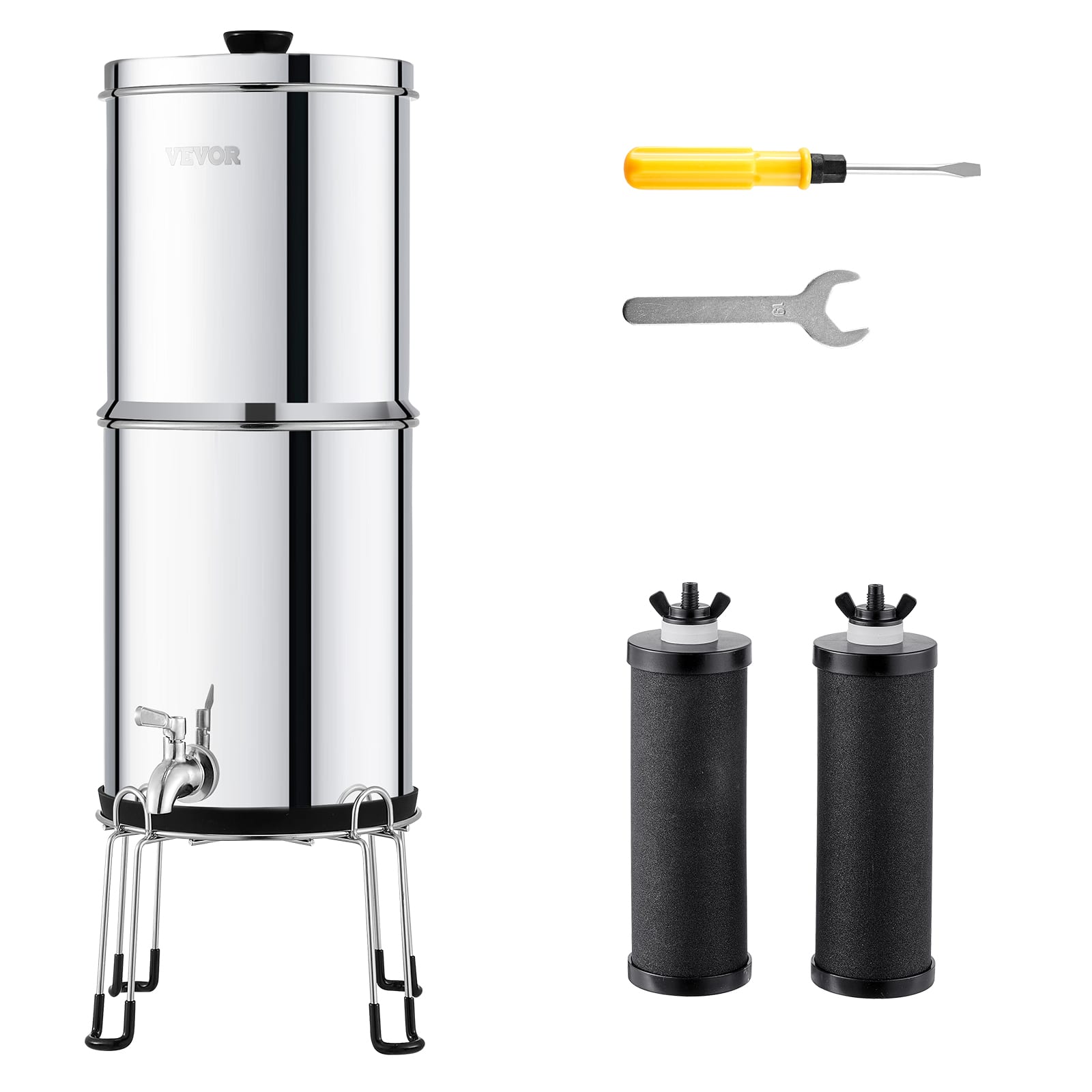 Front. VEVOR - Gravity-fed Water Filter System, 2.25G 304 Stainless-Steel Countertop Water Filtration System - Silver.