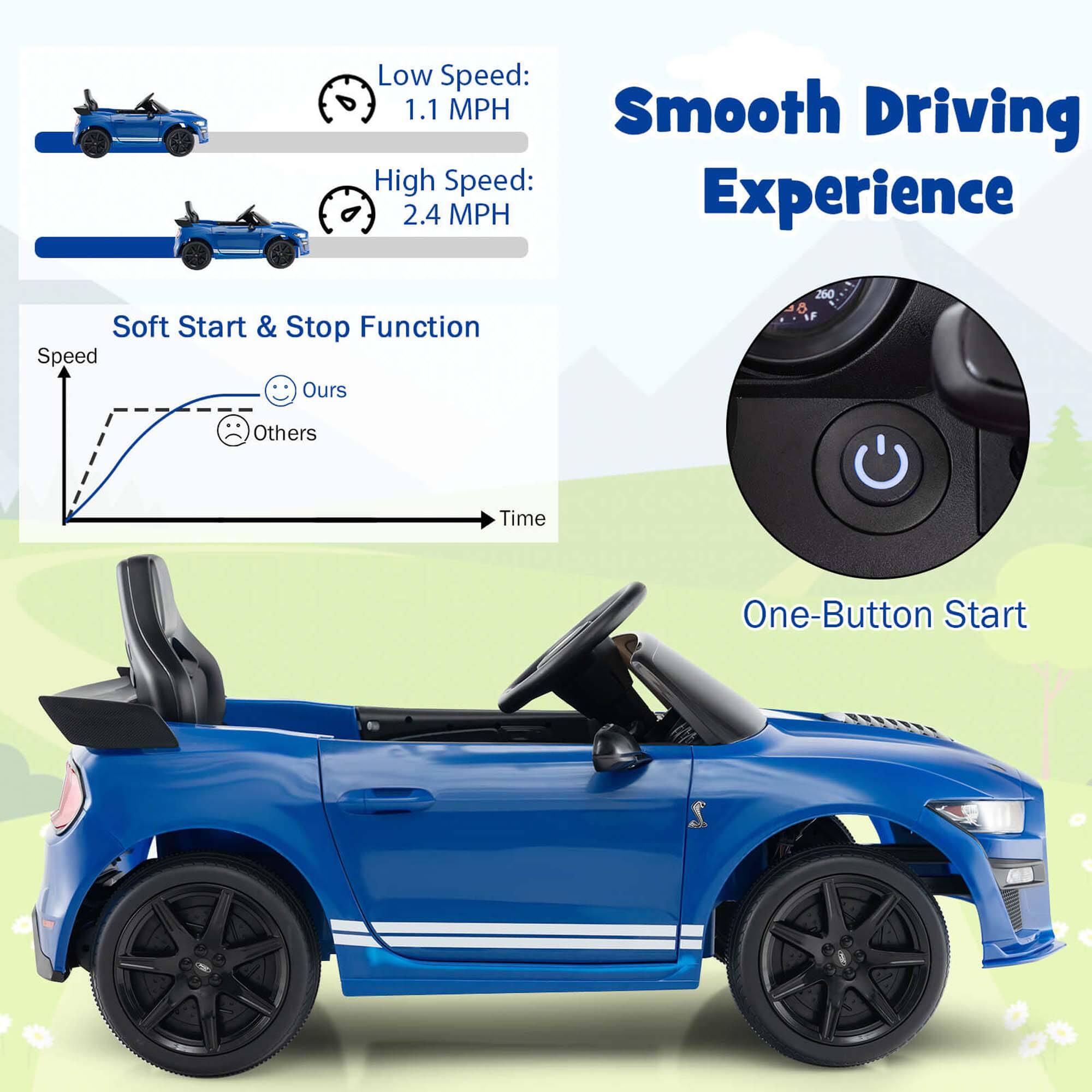 Low Speed: 1.1 MPH  
High Speed: 2.4 MPH  

Smooth Driving Experience  

Soft Start & Stop Function  
Speed  
Ours  
Others  
Time  

One-Button Start