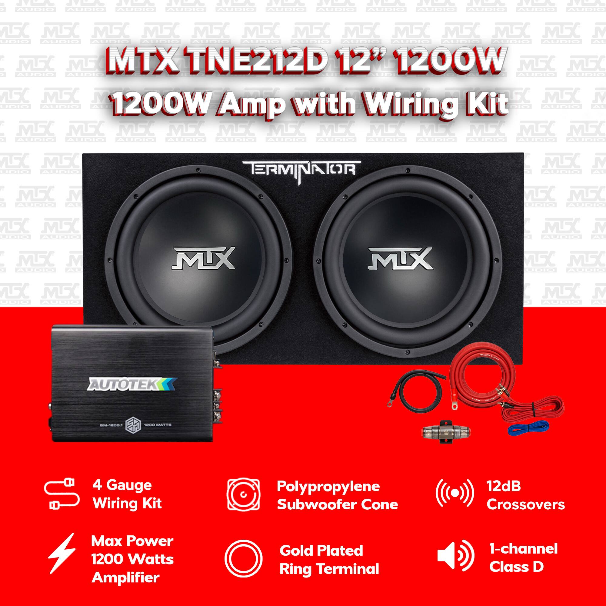 MTX TNE212D 12" 1200W Amp with Wiring Kit

- 4 Gauge Wiring Kit
- Polypropylene Subwoofer Cone
- Max Power 1200 Watts Amplifier
- Gold Plated Ring Terminal
- 12dB Crossovers
- 1-channel Class D