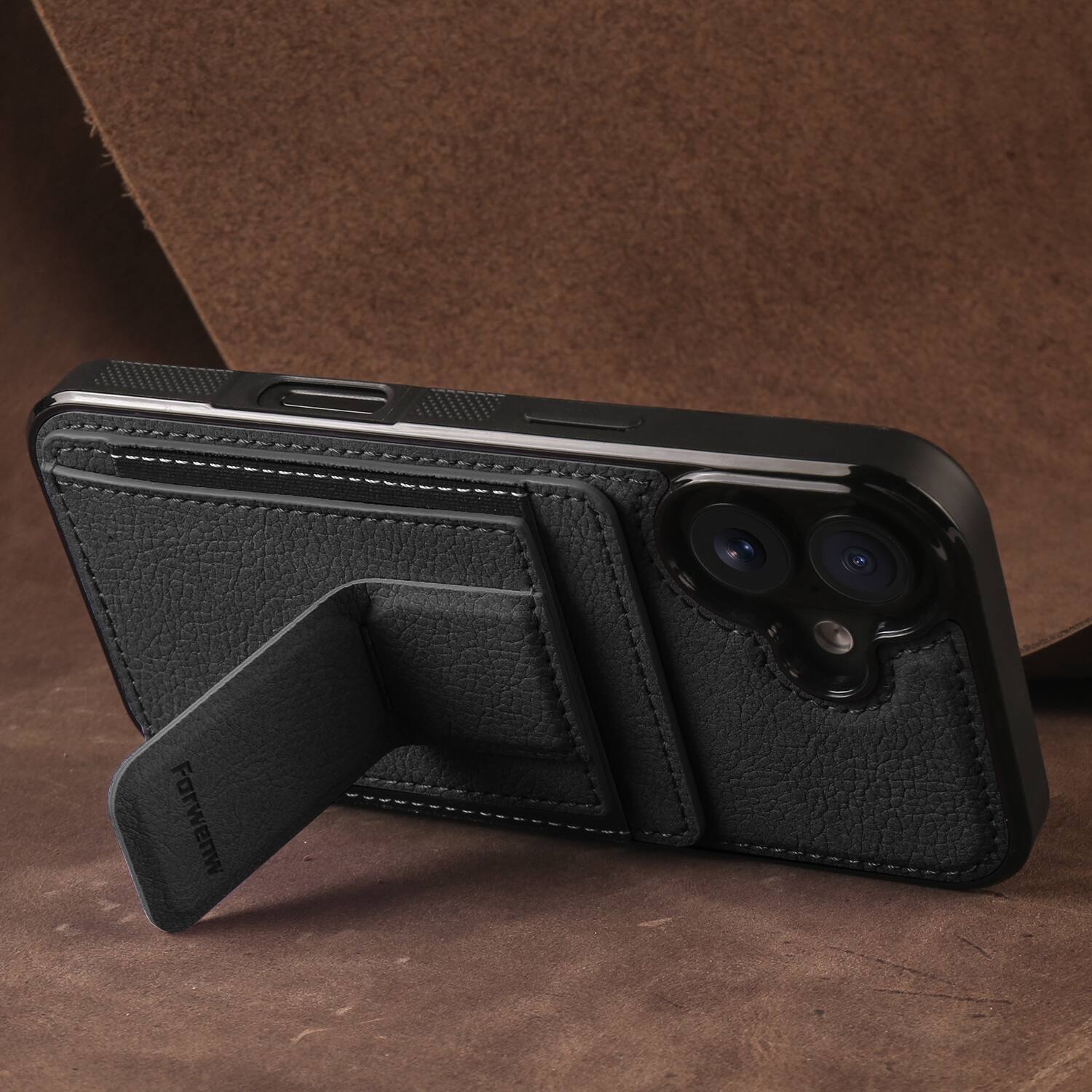 Alt View 2. Dteck - Slim Card Holder Case for Apple Apple iPhone 16, Shockproof Wallet Protective Cover with Kickstand - Black.