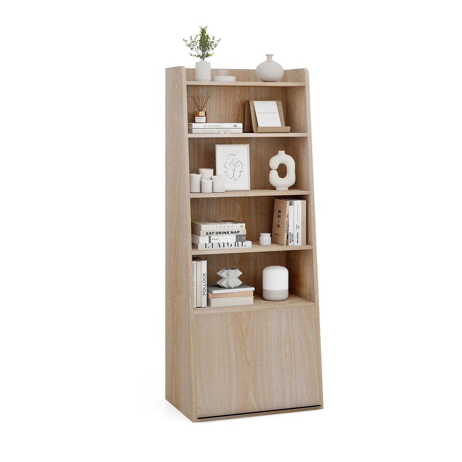 Ecooso - 6-Tier Bookcase Freestanding Ladder Bookshelf with 2 Adjustable Shelves and Flip Up Door - Natural