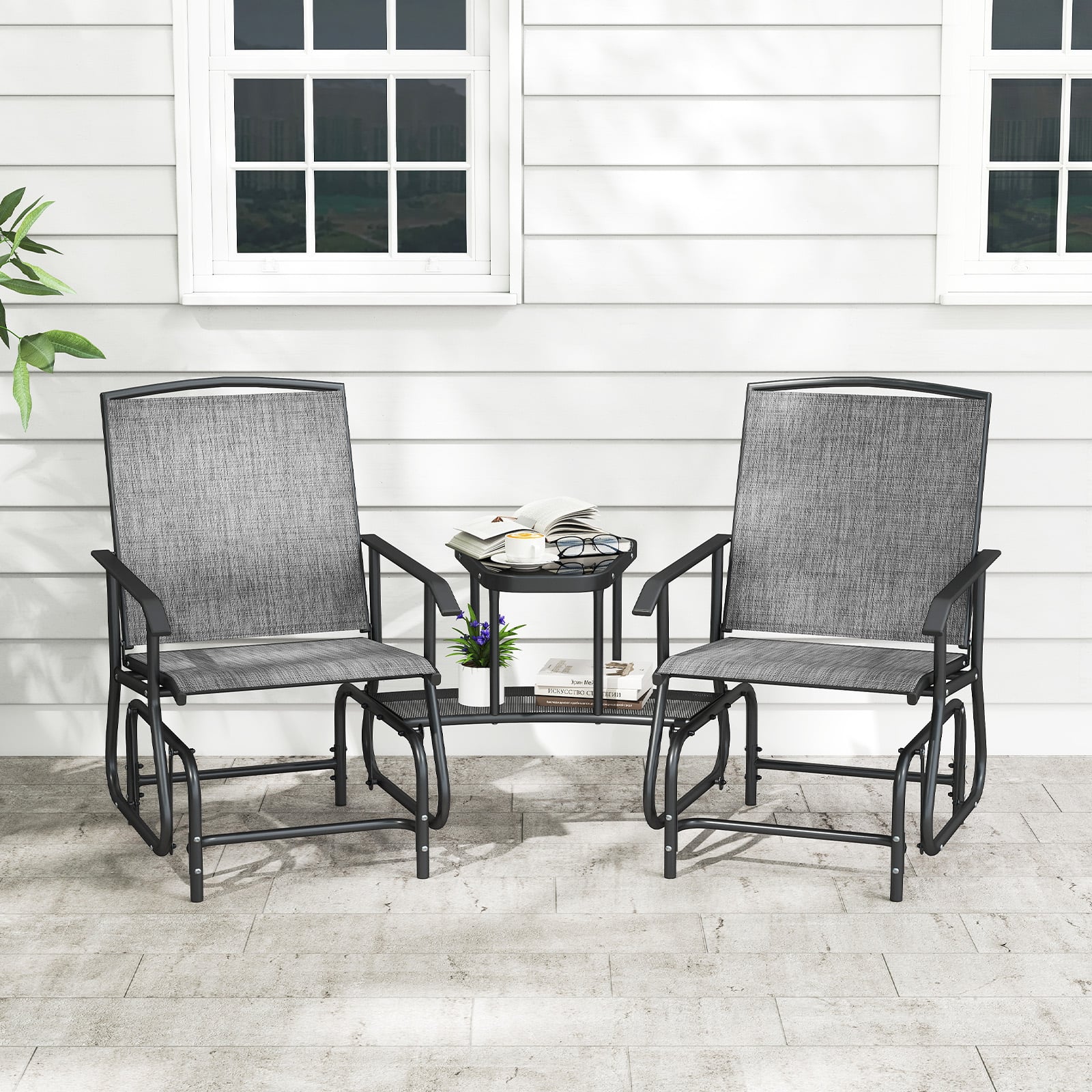 Costway - 2-Seater Outdoor Glider Bench with 2-Tier Center Table, Breathable Mesh Fabric Seat - Gray