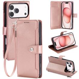 Dteck - Wallet Case for Apple iPhone 17 Pro Max Crossbody Premium Leather Kickstand Zipper Card Slot Cover With Strap+Lanyard - Rosegold