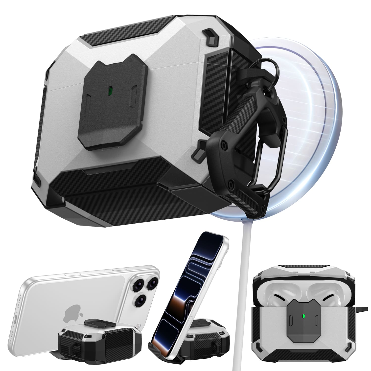 UUCOVER - Safety Lock Case for Airpods Pro 3rd Gen (2025) Shockproof TPU+PC Cover Phone Stand Function with Carabiner - White