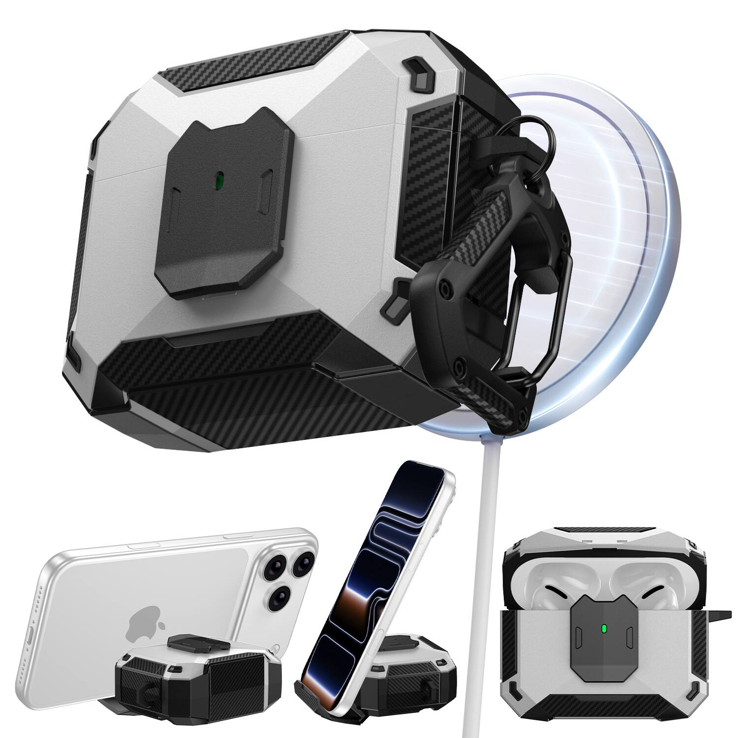 Front. UUCOVER - Safety Lock Case for Apple Airpods Pro 2nd Gen (2022) Shockproof TPU+PC Cover Phone Stand Function with Carabiner - White.