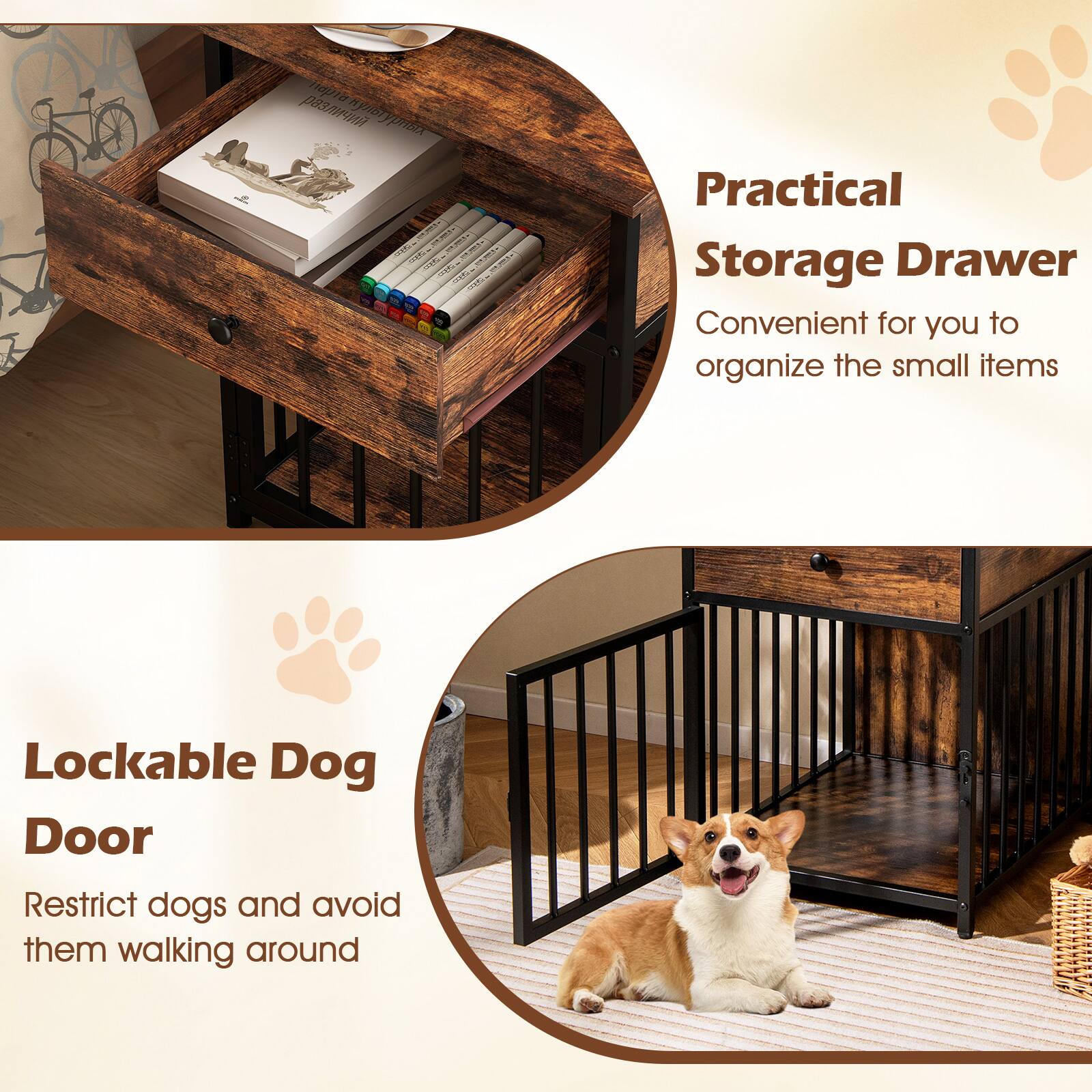 Practical Storage Drawer  
Convenient for you to organize the small items  

Lockable Dog Door  
Restrict dogs and avoid them walking around