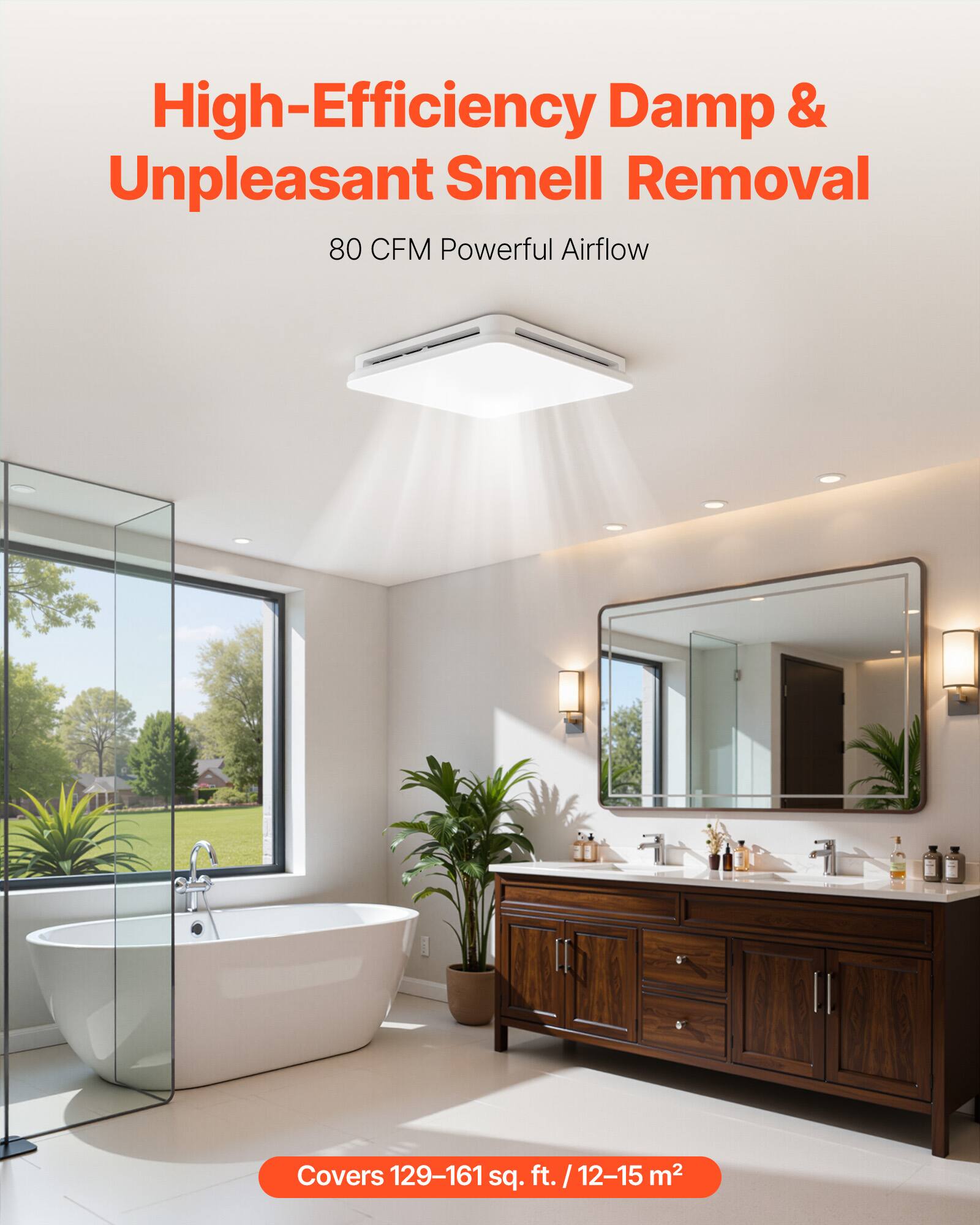 High-Efficiency Damp & Unpleasant Smell Removal  
80 CFM Powerful Airflow  
Covers 129-161 sq. ft. / 12-15 m²