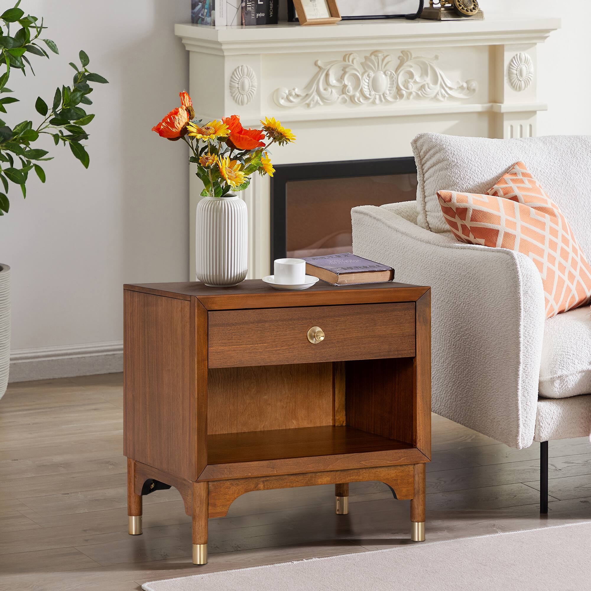 Angle. Vaczon - Nightstand with USB Charging and LED Light, Modern Solid Wood Bedside Table with Storage Drawer - Walnut.
